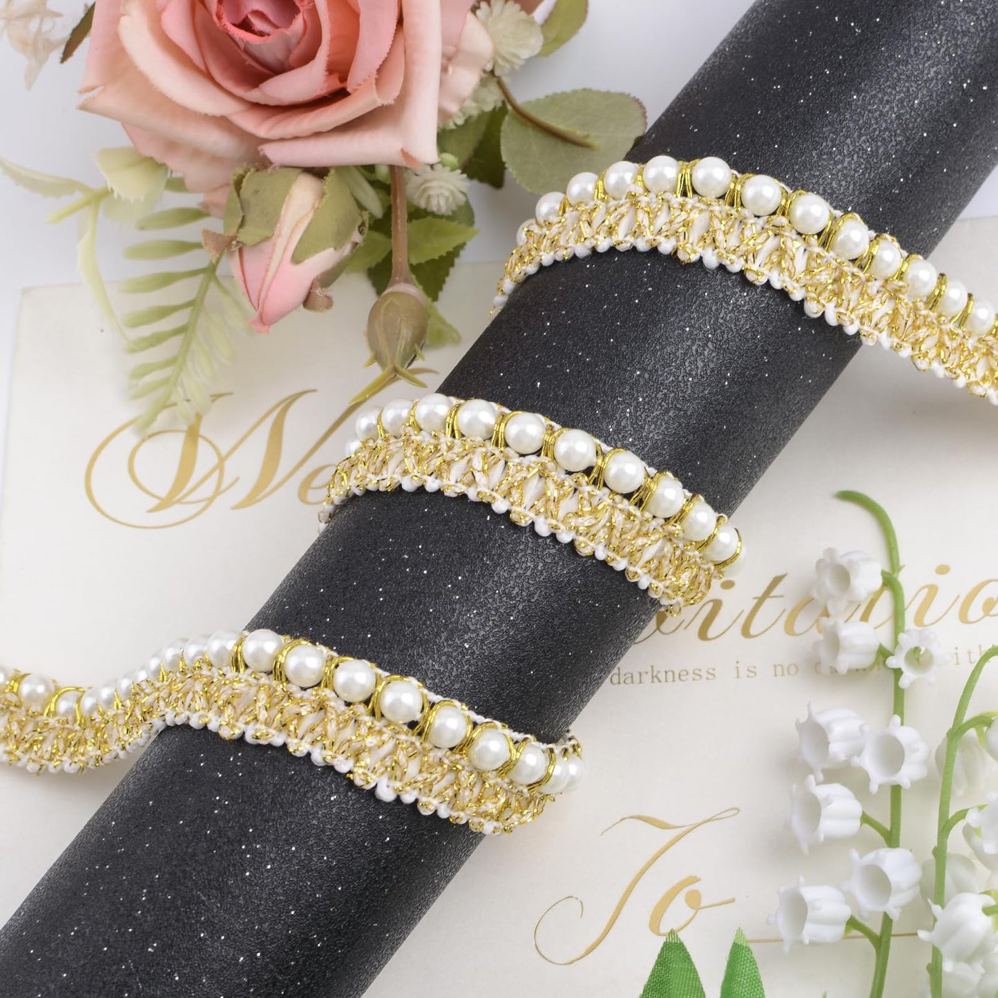 URROMA White Gold Pearl Trim - 10 Yards Beaded Lace Trimming Embroidery Embellishment Ribbon for Sewing Fabric, Garment Accessories, Dress Bag Decoration, Crafts DIY