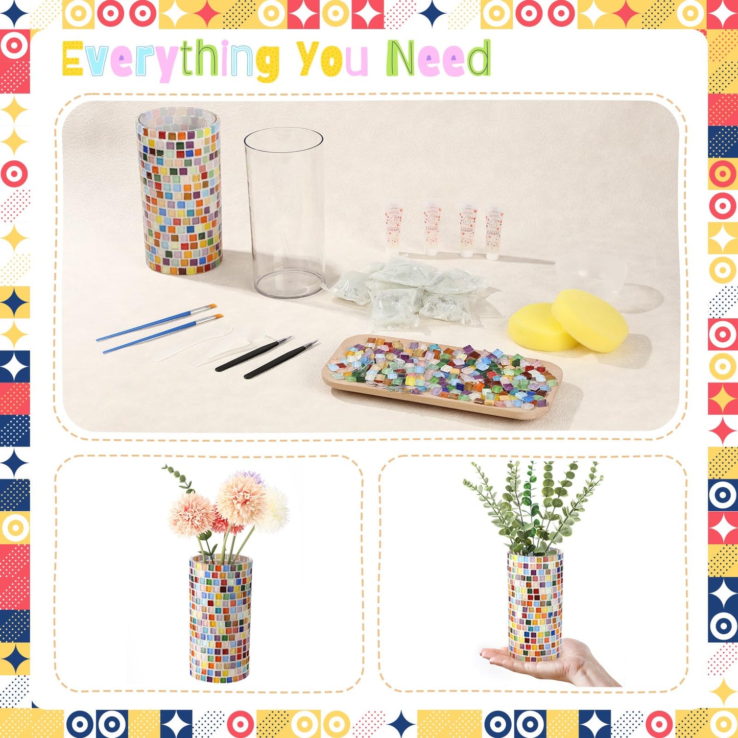 LemonRoad 2 Set DIY Mosaic Vase Kit Gifts for Adults Acrylic Cylinder Vases Arts and Crafts Kit with Complete Craft Accessories Supplies for Handmade Home Decor Painting Mosaic Lovers Birthday Gifts