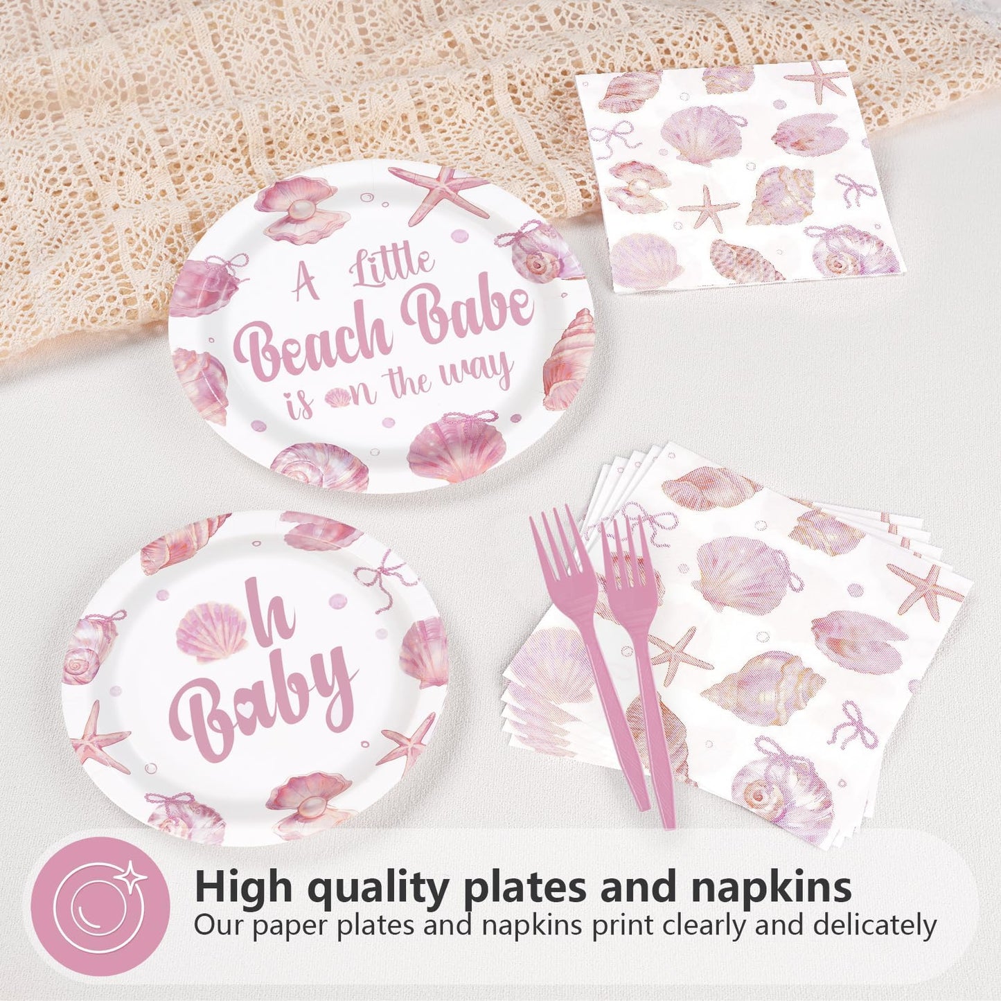Greencian 96Pcs Under The Sea Party Supplies A Little Beach Babe Is On The Way Plates and Napkins Starfish Seashell Tableware Set for Girls Kids Under the Sea Baby Shower Party Decorations Serves 24