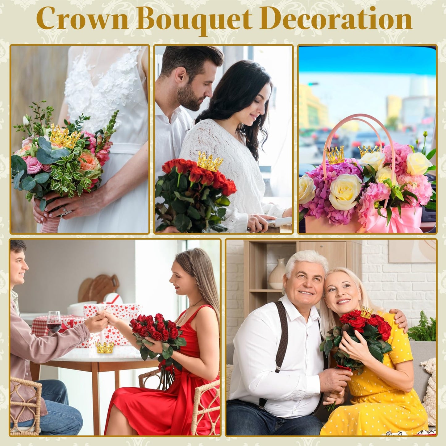 STARVAST 50PCS Mini Crowns Bulk for Flower Bouquets, Small Gold Crown Cupcake Toppers for Wedding, Baby Shower & Birthday Party Decorations, 5 Styles with Floral Arranging Needles