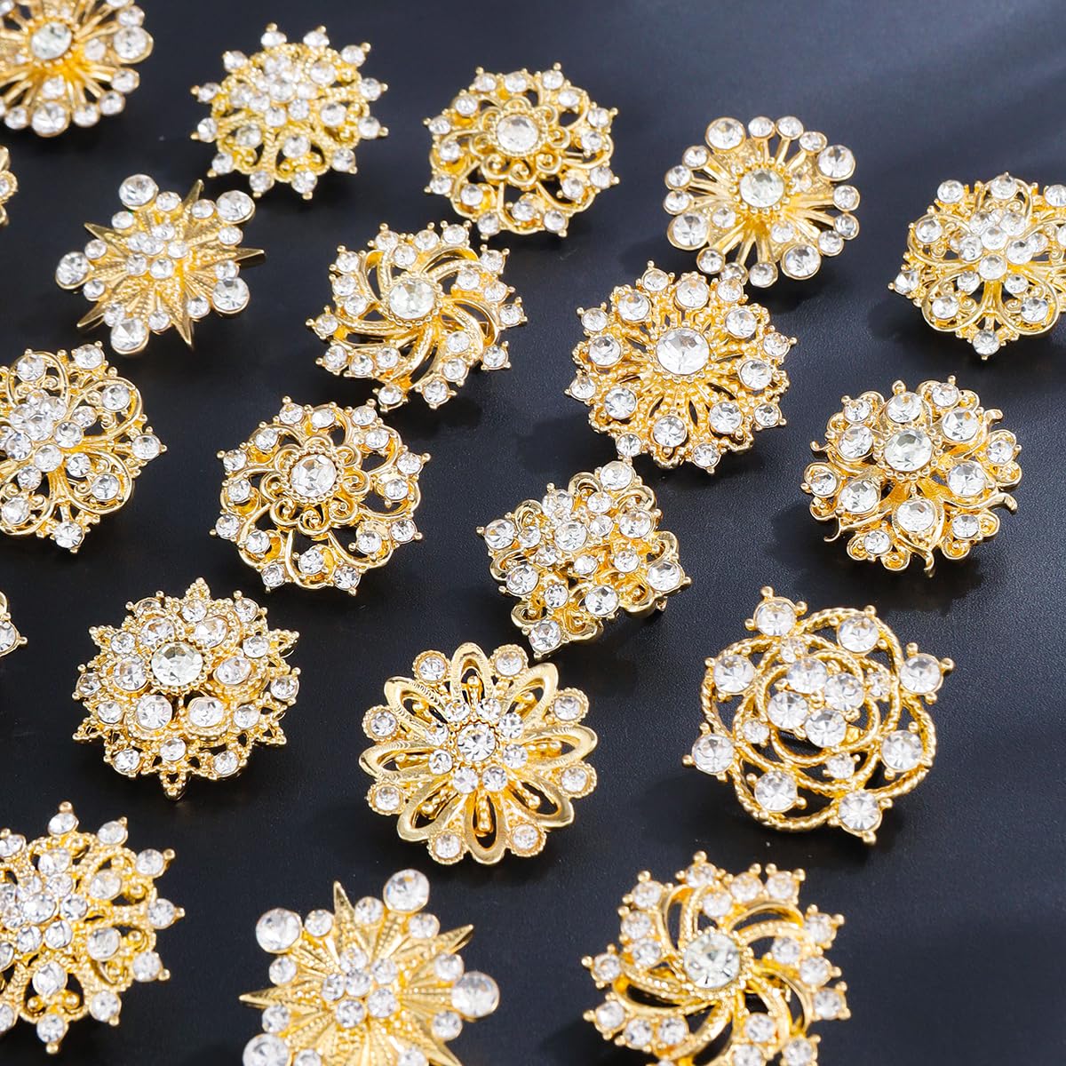 MEEDOZ Lot 24Pcs Assorted Crystal Rhinestone Flower Brooch Pins Set for Crafts Embellishment, Wedding Bouquet Brooches for Women Fashion (Gold Plated)