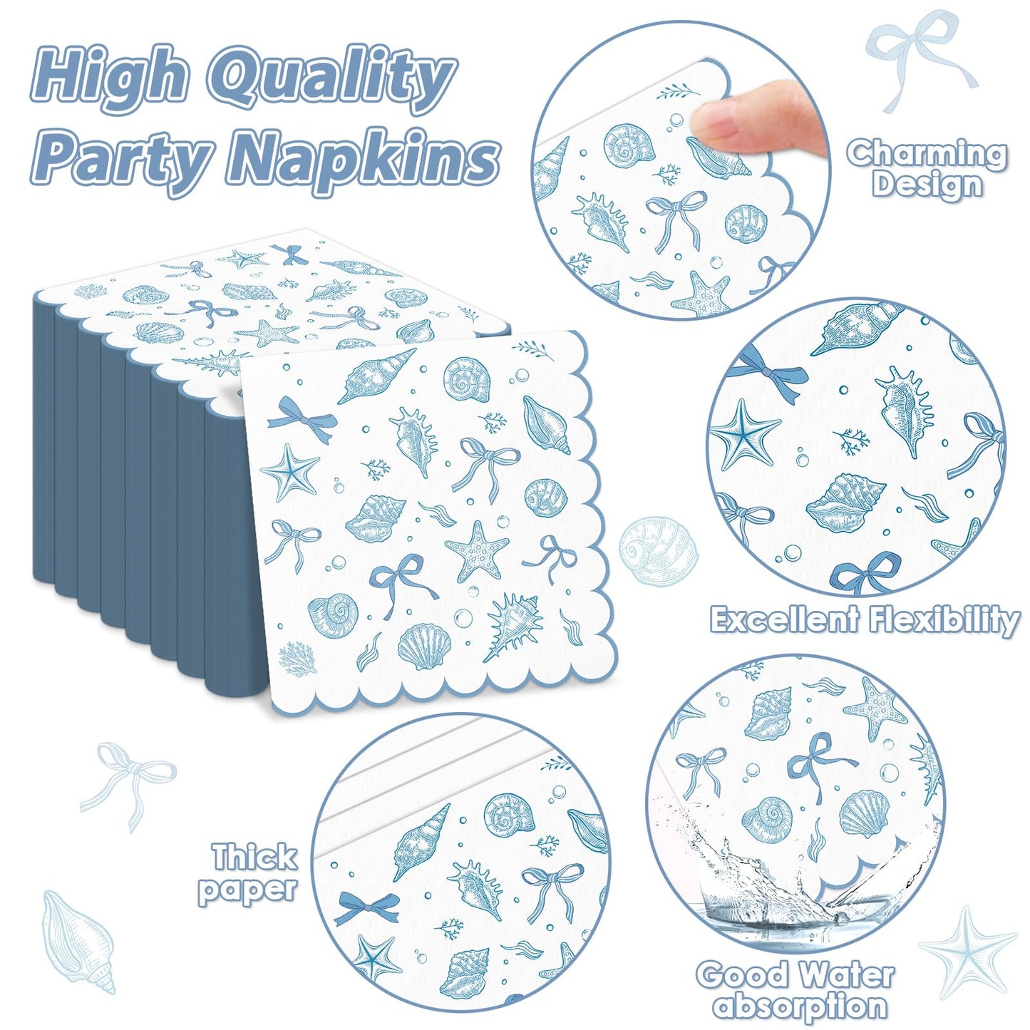 96pcs Scalloped Coastal Party Supplies Tropical Blue Bow Starfish Seashell Plates and Napkins Tableware Set Ocean Theme Party Decorations for Summer Beach Wedding Birthday Bachelorette for 24 Guests