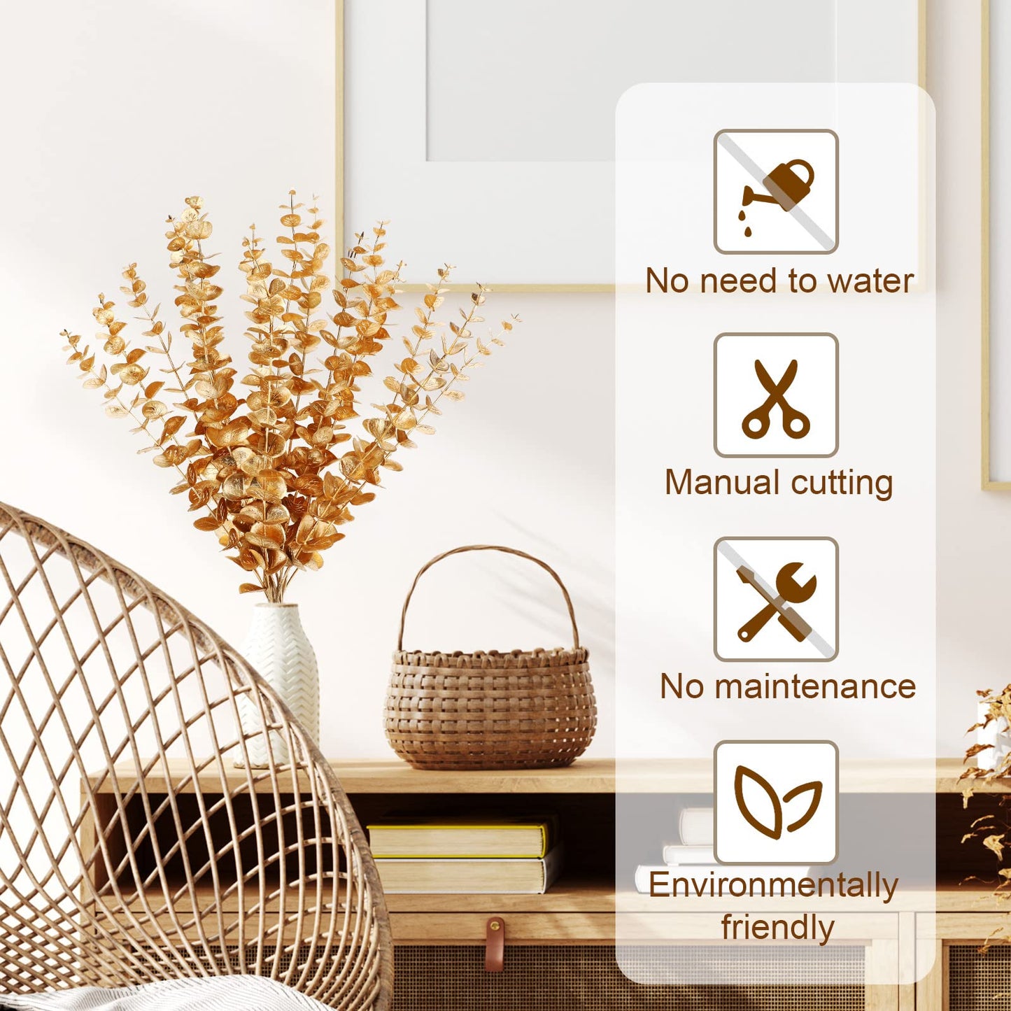 Waydress 12 Pieces Gold Eucalyptus Stem 16 Inch Artificial Eucalyptus Spray Fake Leave Decor Fall Faux Floral Arrangement Faux Flower for Wedding Party Bouquet Home Farmhouse Vase DIY Craft
