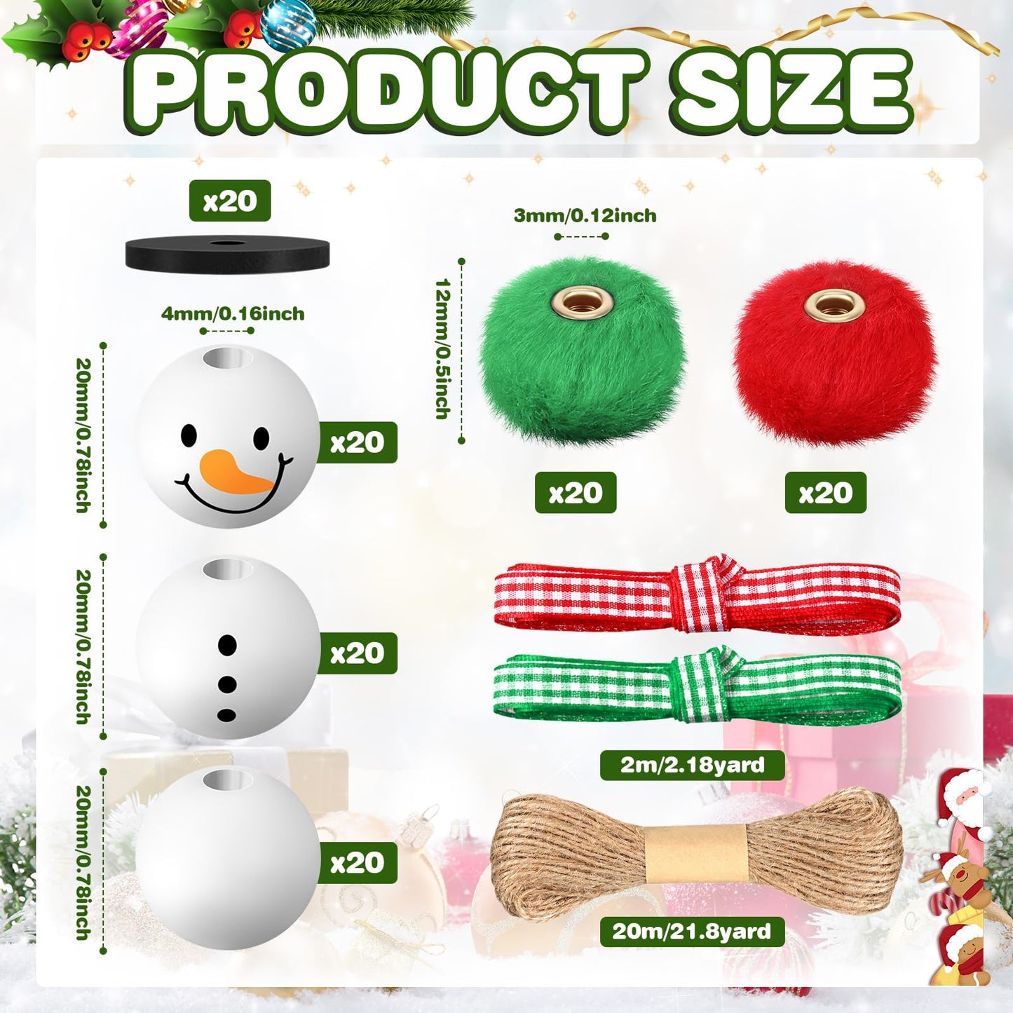 Amyhill 120 Pcs DIY Christmas Snowman Wooden Beads for Craft, Fuzzy Faux Fur Poms, Winter Wood Beads Buffalo Plaid Colorful Print with Twine, for Party Xmas Santa Tree Jewelry Home(Red Green)