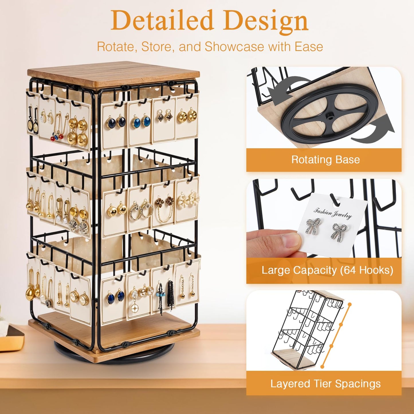 Rotating Earring Display Holder Stand for Vendors Events Selling, Large Capacity 48 Hooks Jewelry Rack with Wooden Base for Earring Card Sales, Enhances Retail Visibility