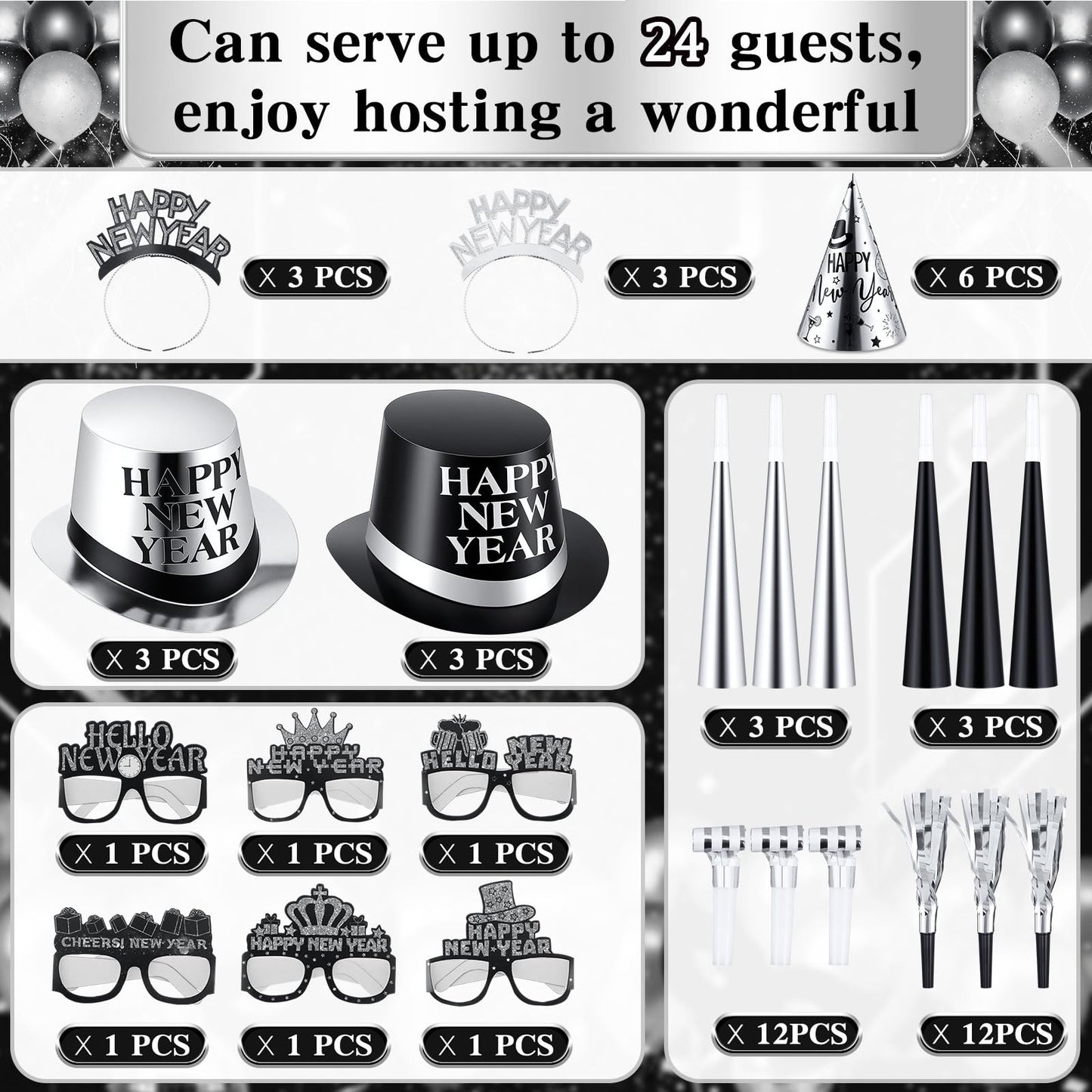Junkin 54 Pcs New Years Eve Party Supplies 2026 Kit for 24 Guests Include Top Hats Cone Hats Glasses Headbands Blowing Dragon Trumpet Happy New Year Decorations Bulk Party Favors (two-tone)