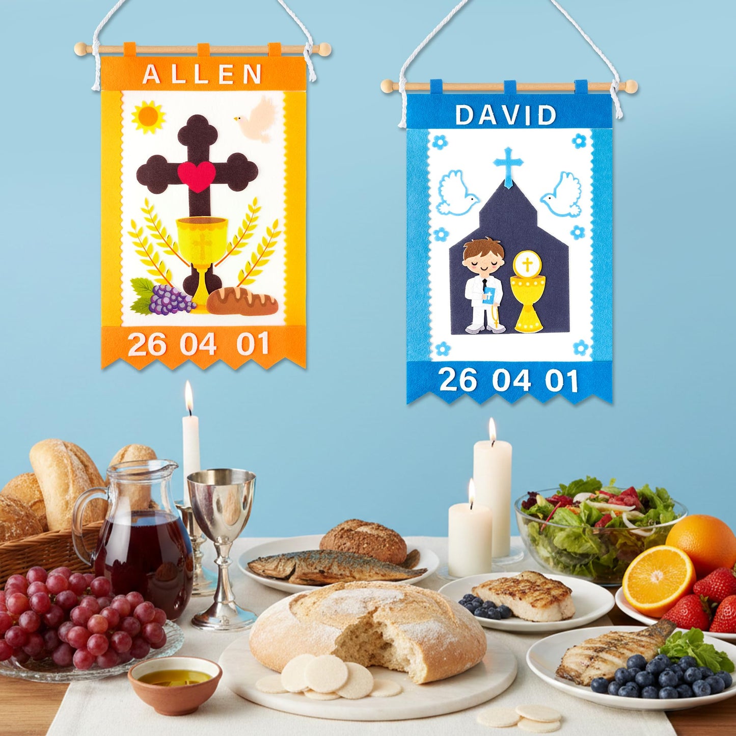 WATINC First Communion Banner Kit - 2 Pack DIY 1st Holy Communion Felt Banner Craft Decoration for Boys, Make Your Own Blue Baptism Christian Cross Hanging Decor for Sunday School (Baptism Ceremony)