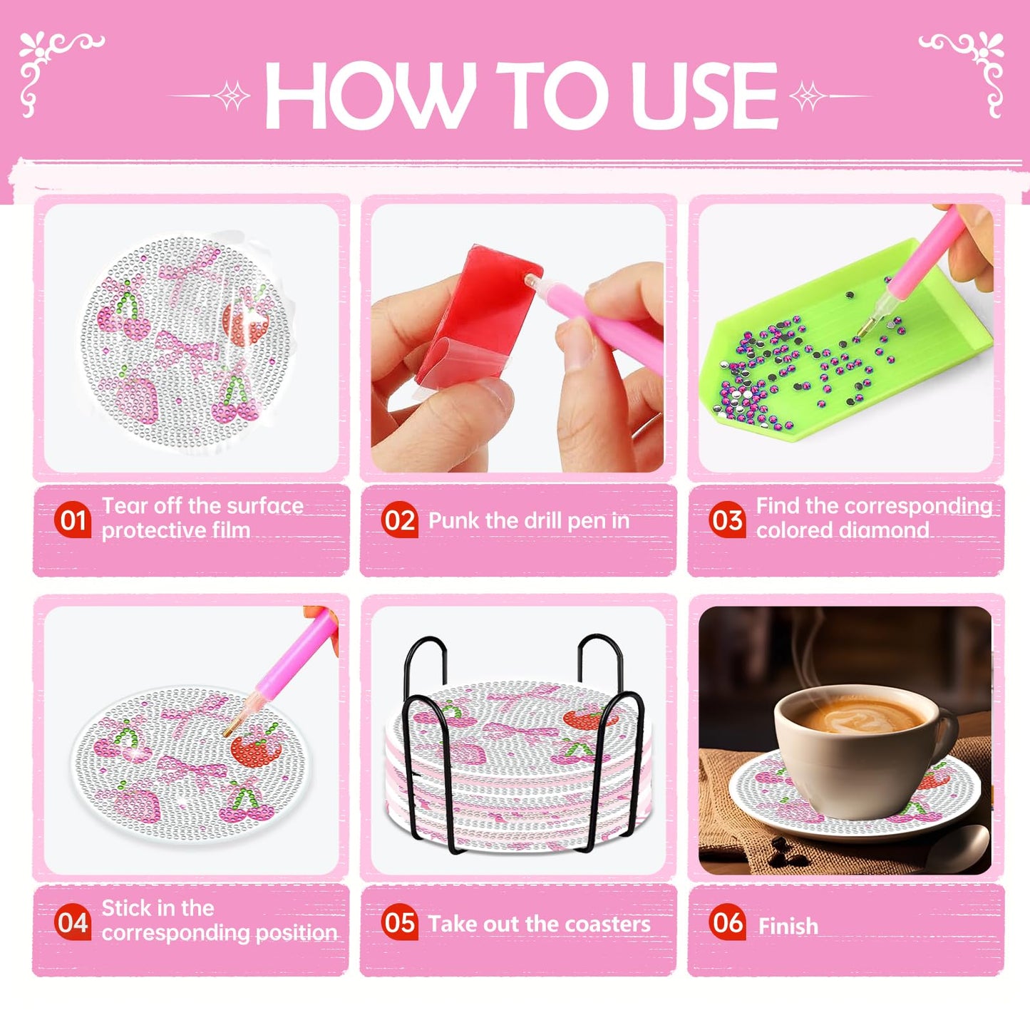 Pink Bow Diamond Art Coasters Kits - 8 PCS DIY Non Slip Diamond Painting Coasters with Holder Bowknot Cherry Strawberry Gem Art Craft Supplies for Adults Beginners Women Coquettee Home Table Decor