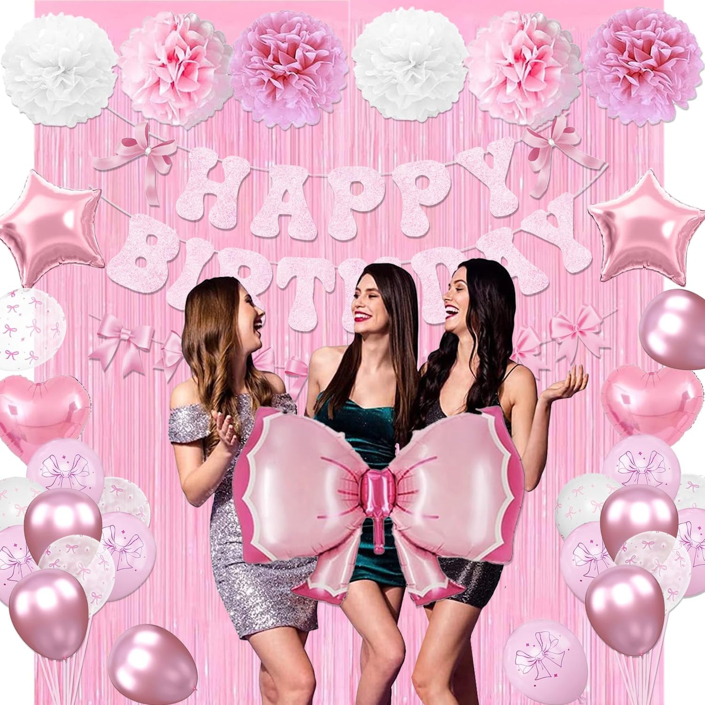 Pink Bow Birthday Party Decorations, Bow Theme Happy Birthday Banner Fringe Curtain Tissue Pom poms Garland Balloons for Women Girls Bday Party Supplies (Macaron Pink)