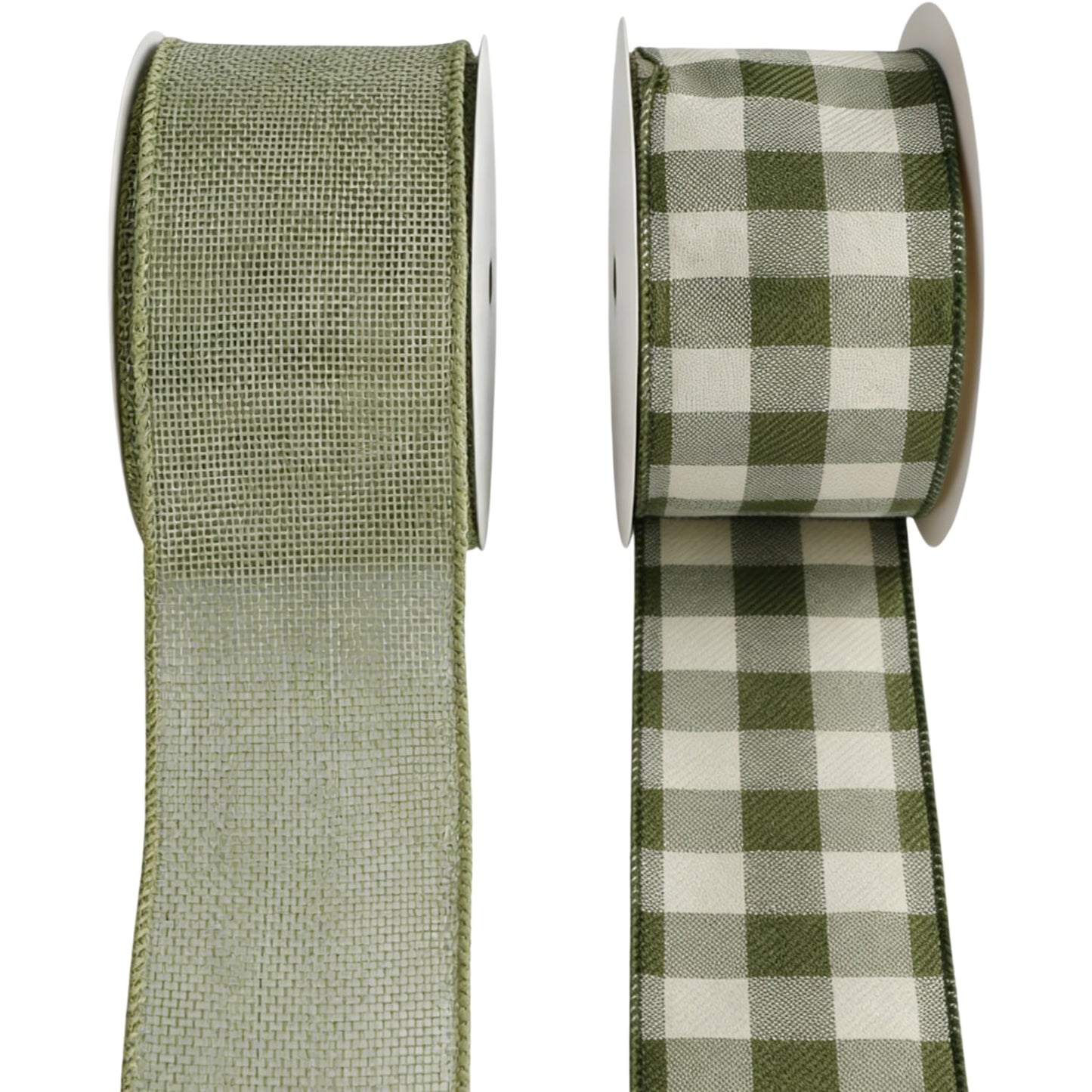 Meseey 2.5 Inch Green Burlap Wired Ribbon Set, 2 Rolls Total 10 Yards Solid Sage Green & Green White Buffalo Check Wired Edge Ribbons for Gift Wrapping, Wreaths, Crafts, Farmhouse Home Decorations
