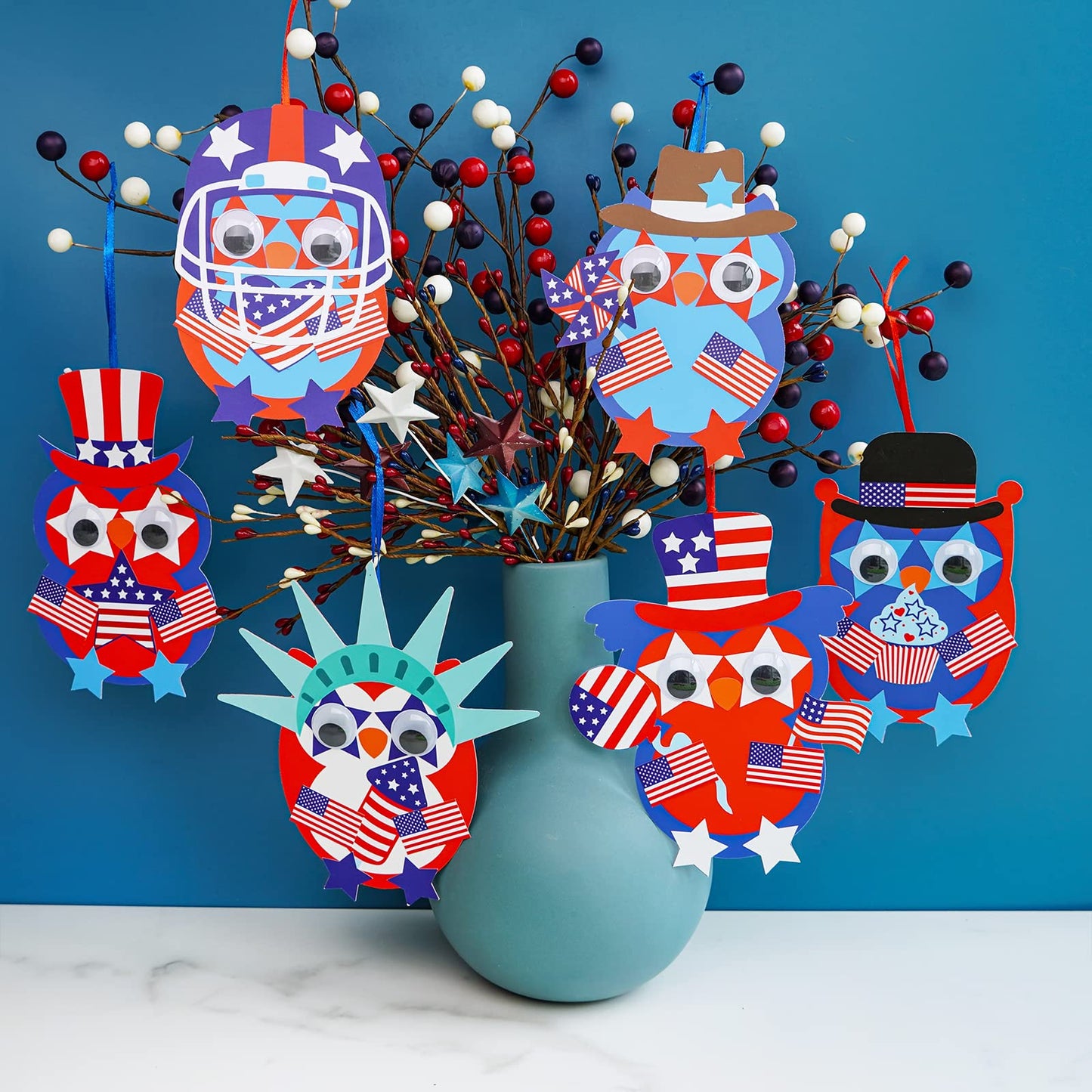 Winlyn 36 Sets 4th of July Craft Kits Patriotic Crafts DIY Owl Ornaments Decorations Art Sets Owl Shapes with Red White Blue USA Flag Patriotic Star Stickers for Kids Party Classroom Activities