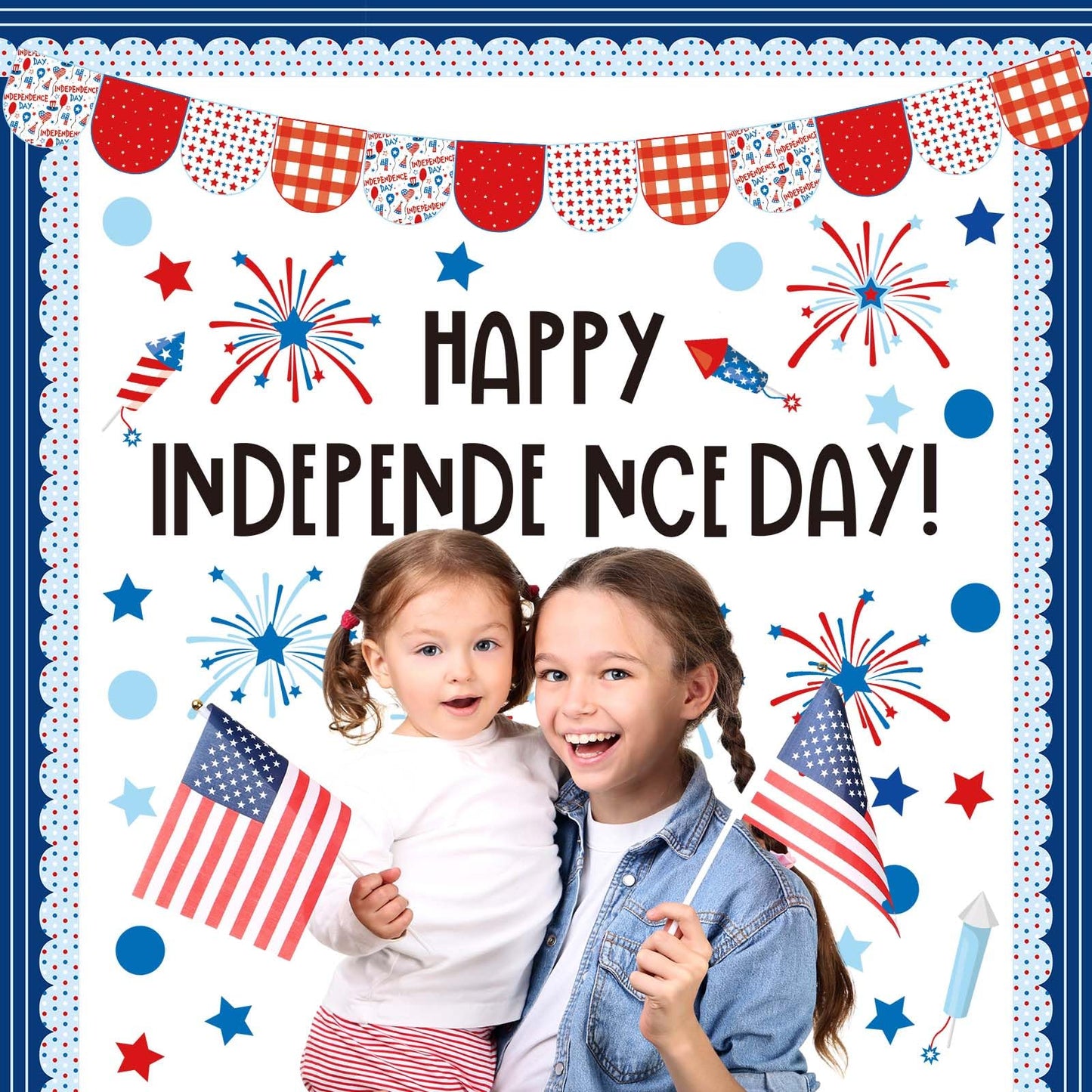 JarThenaAMCS 74Pcs Happy Independence Day Bulletin Board Kit Patriotic Red Blue Star Paper Cutouts with 100Pcs Glue Points 4th of July DIY Craft Art Decor for 250th Anniversary School Home Party