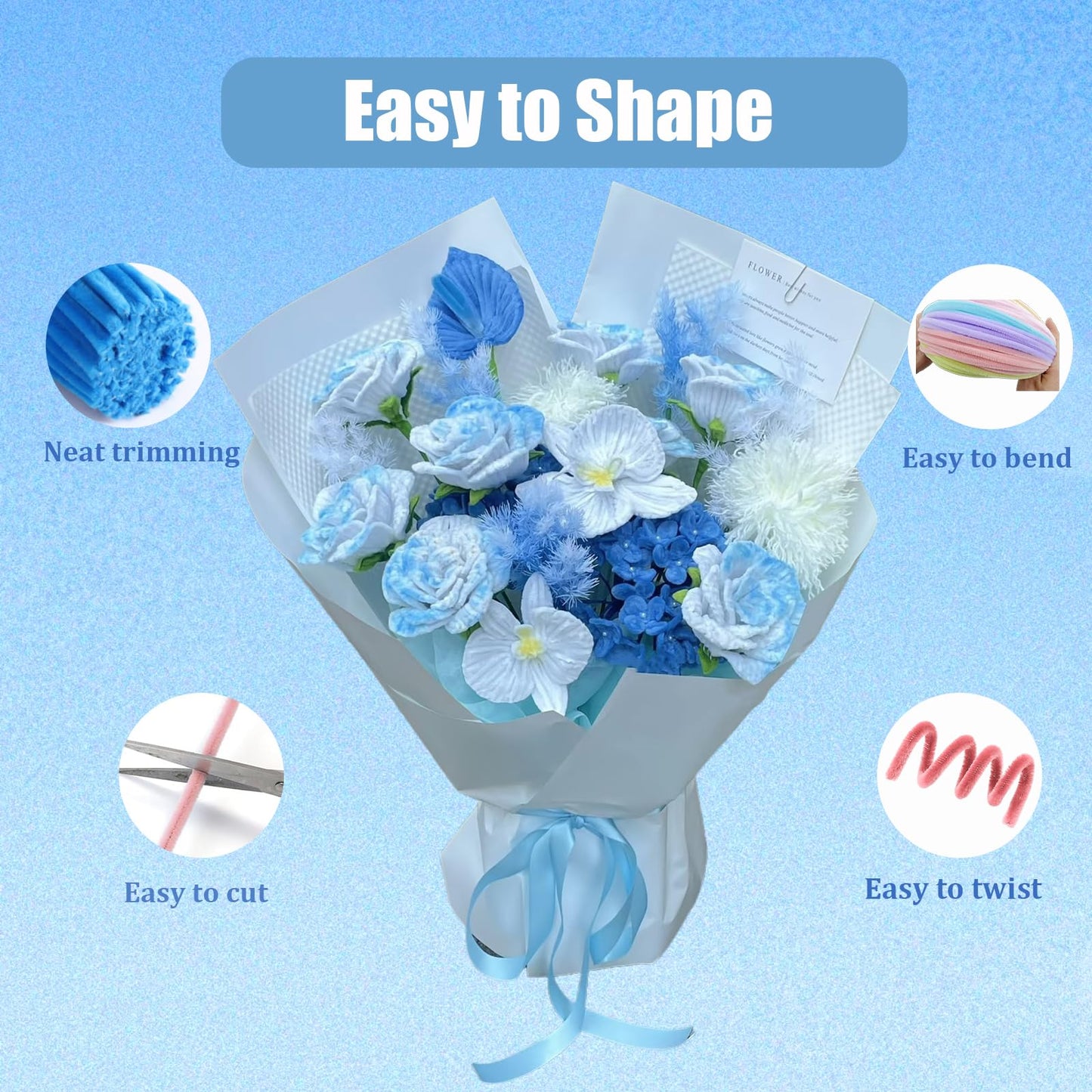 LansinLife 400 Pcs Pipe Cleaners Craft Set, 4 Assorted Blue Pipe Cleaners Bulk, Chenille Stems for DIY Flower Making Kit with Floral Stems, Gardening Tape, Pearl, Ribbon for DIY Bouquet Gift (Blue)