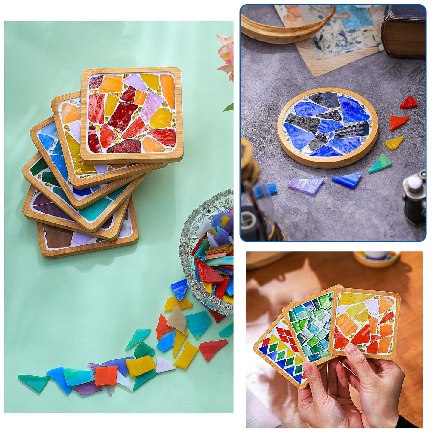 GHAHILI 4 Sets DIY Mosaic Kits for Adults - Graduation Birthday Gifts Glass Mosaic Tiles for Crafts with Wooden Coasters for Women Mosaic Art Kit Craft Coaster Handmade Making Kit Set for Home Decor