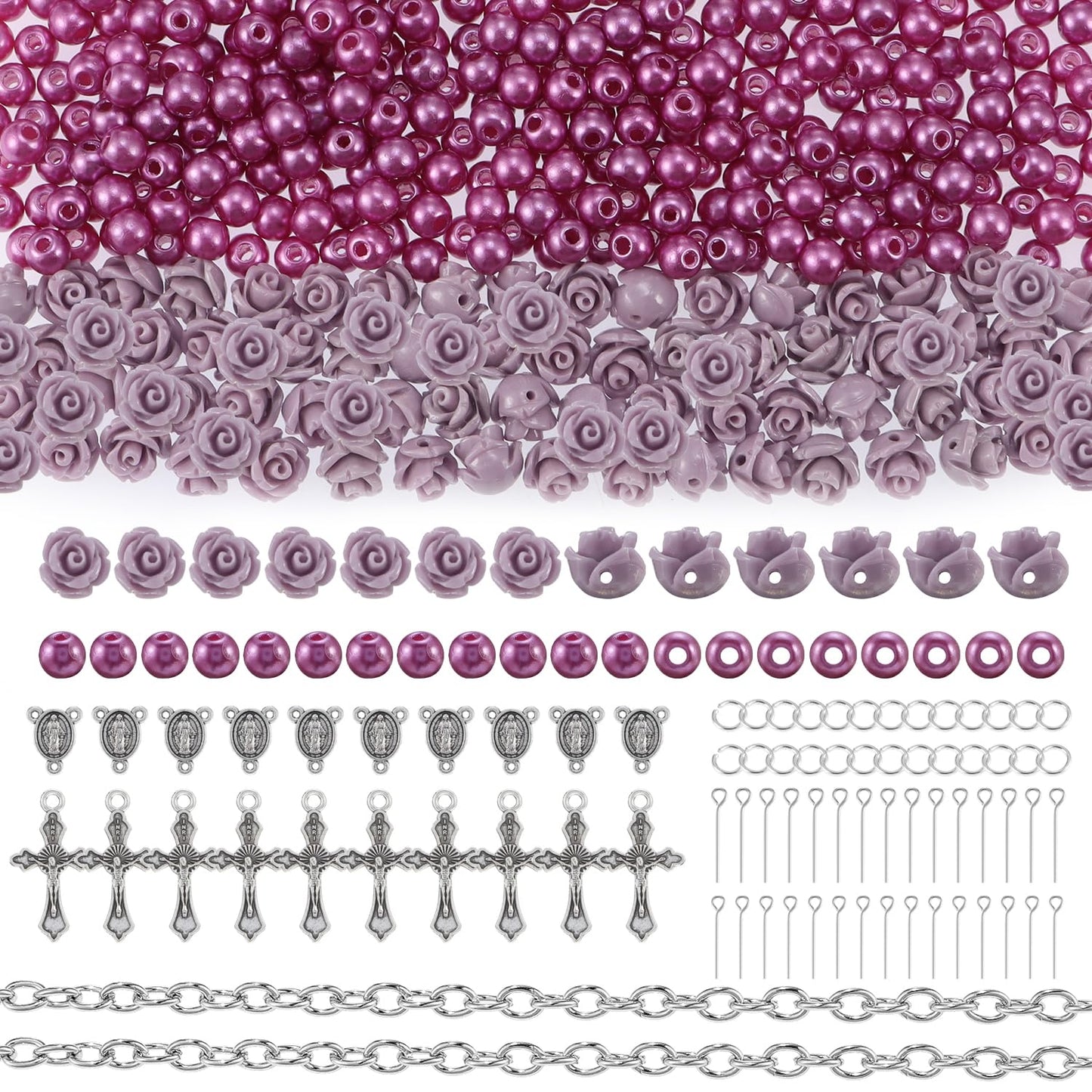 OEMOO 1410PCS Rosary Jewelry Making Kit Rosary Prayer Making Supplies Carved Rose Beads Cross Centerpiece Crucifix Medal, Silver Jesus Maria Pendant for Rosary Bracelet Necklace Jewelry (Purple)