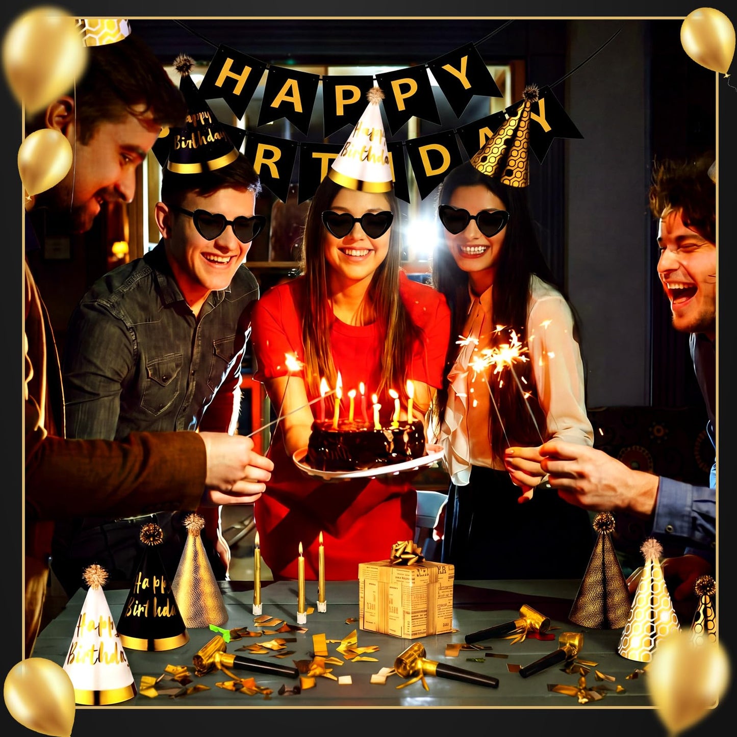 Patelai 25 Pcs Black and Gold Birthday Party Set: 1 black and gold Banner, 3 Glasses, 10 Whistles, 11 Cone Hats for Birthday Party Decoration