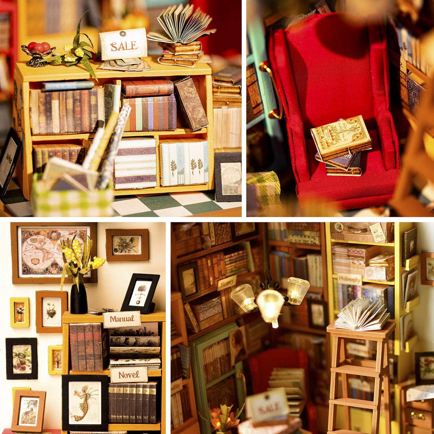 Rolife DIY Miniature Dollhouse Kit Bookstore Room Making Kit Mini Library Diorama Kit Wooden Model Building Set Hobby Christmas Birthday Gifts for Adults Women Family (Sam's Study)
