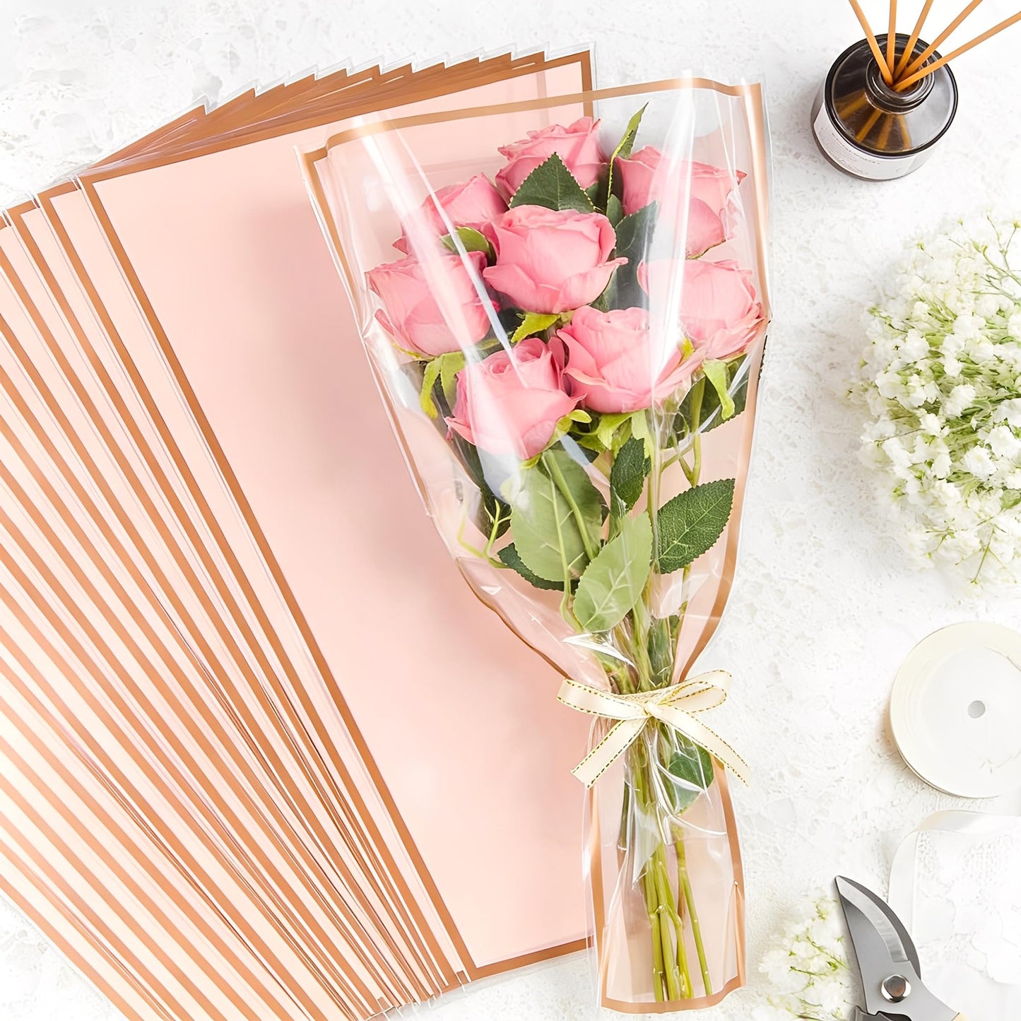 50 Sheets 18" x 11" Pink Flower Bouquet Wrapping Bags Plastic Paper Sleeves, Total 154Pcs RibbonsX3 Pruning ShearsX1 Card HolderX50 CardsX50 Floral Bouquets Bag for Flowers Bar Graduation Wedding