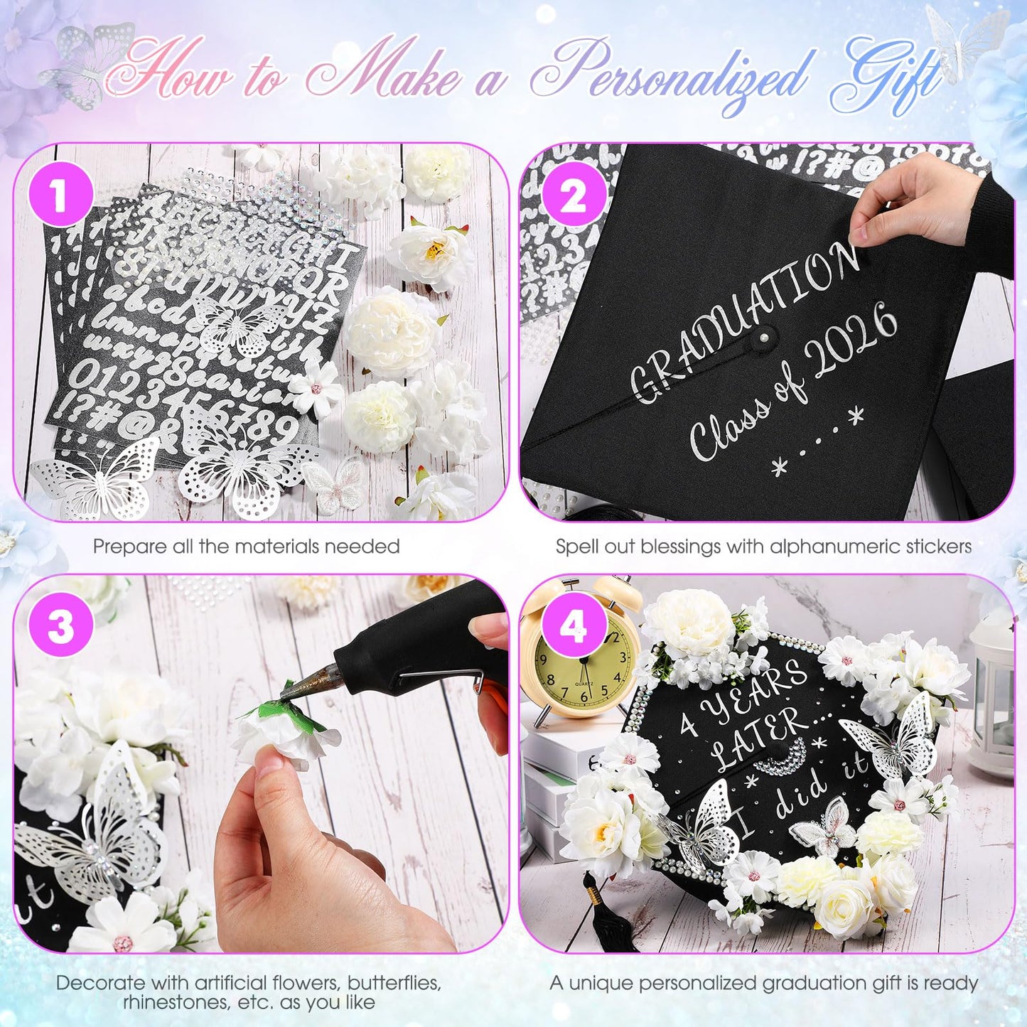 Hoteam DIY Graduation Cap Decorations Kit Included Faux Flowers 3D Butterfly Self Adhesive Rhinestones Glitter Alphabet Letter Stickers for 2026 Grad Cap Topper Party Gifts Decor(White)