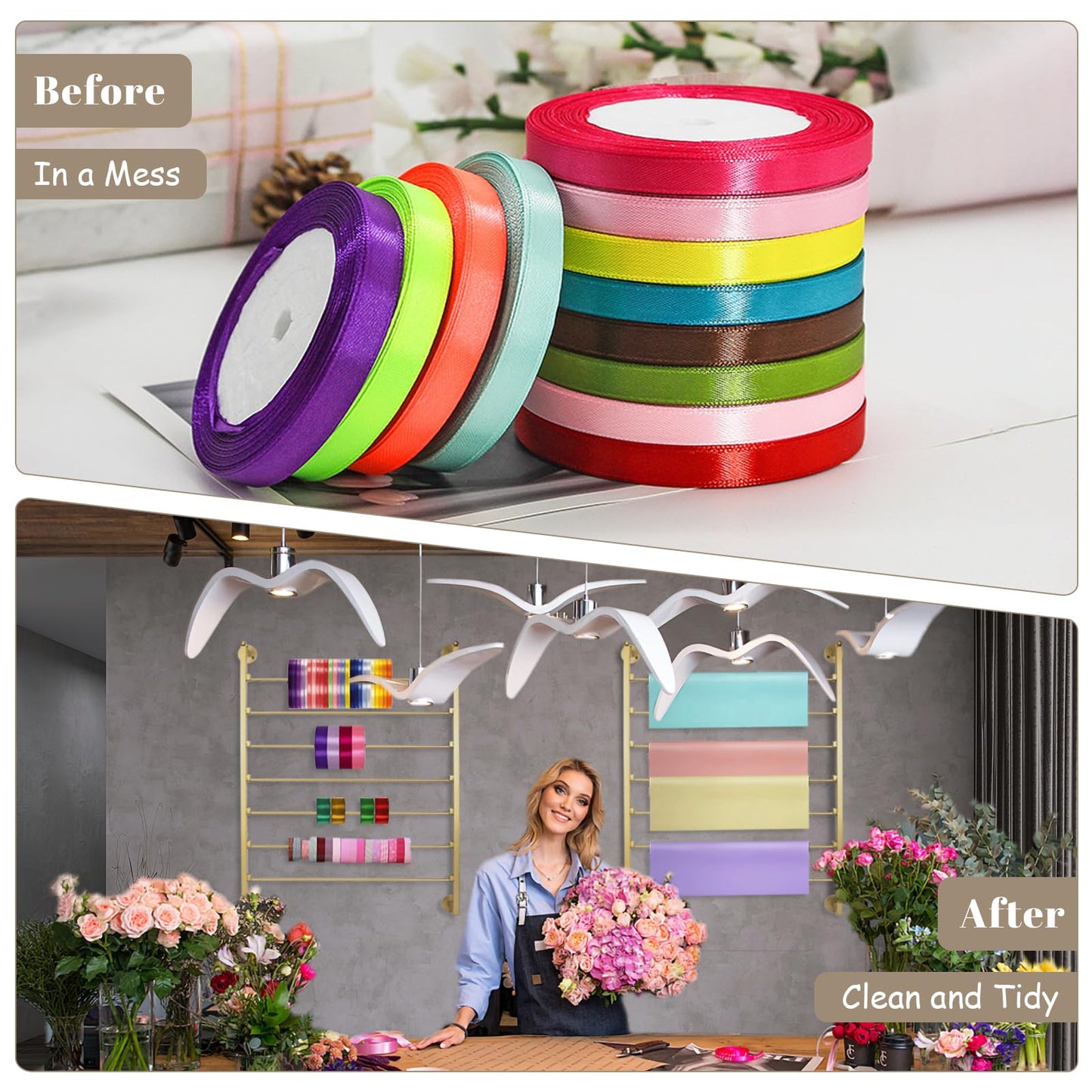 Yonynise Ribbon Storage Organizer,Wall Mounted Ribbon Holder Rack,7 Tier Large Capacity Metal Ribbon Storage for Craft Room,Flower Shop,Cake Shop,Gift Wrapping Paper,Golden