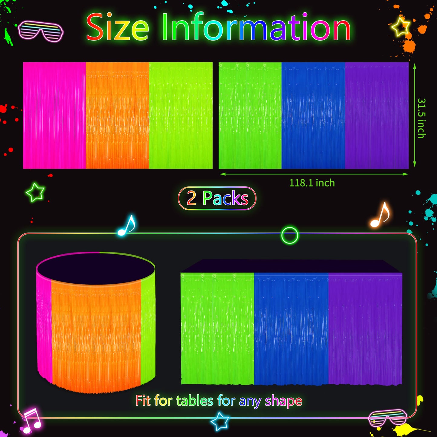 Glow in The Dark Party Supplies Kit - Neon Birthday Decorations with Balloon Garland Arch, Fluorescent Tinsel Curtains, Star Swirls, Cake Toppers & Table Skirt (100+ Pieces)