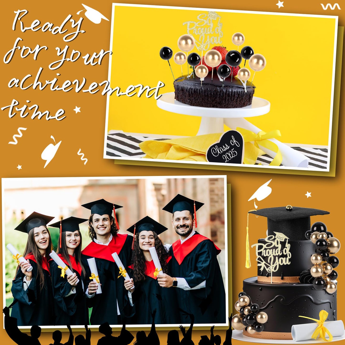 43Pcs Graduation Cake Kit Included Felt Grad Cap with Tassel Gold Black Balls Graduations Party Supplies So Proud of You Cupcake Topper for Congrats Senior High School College Parties Decor(Gold)