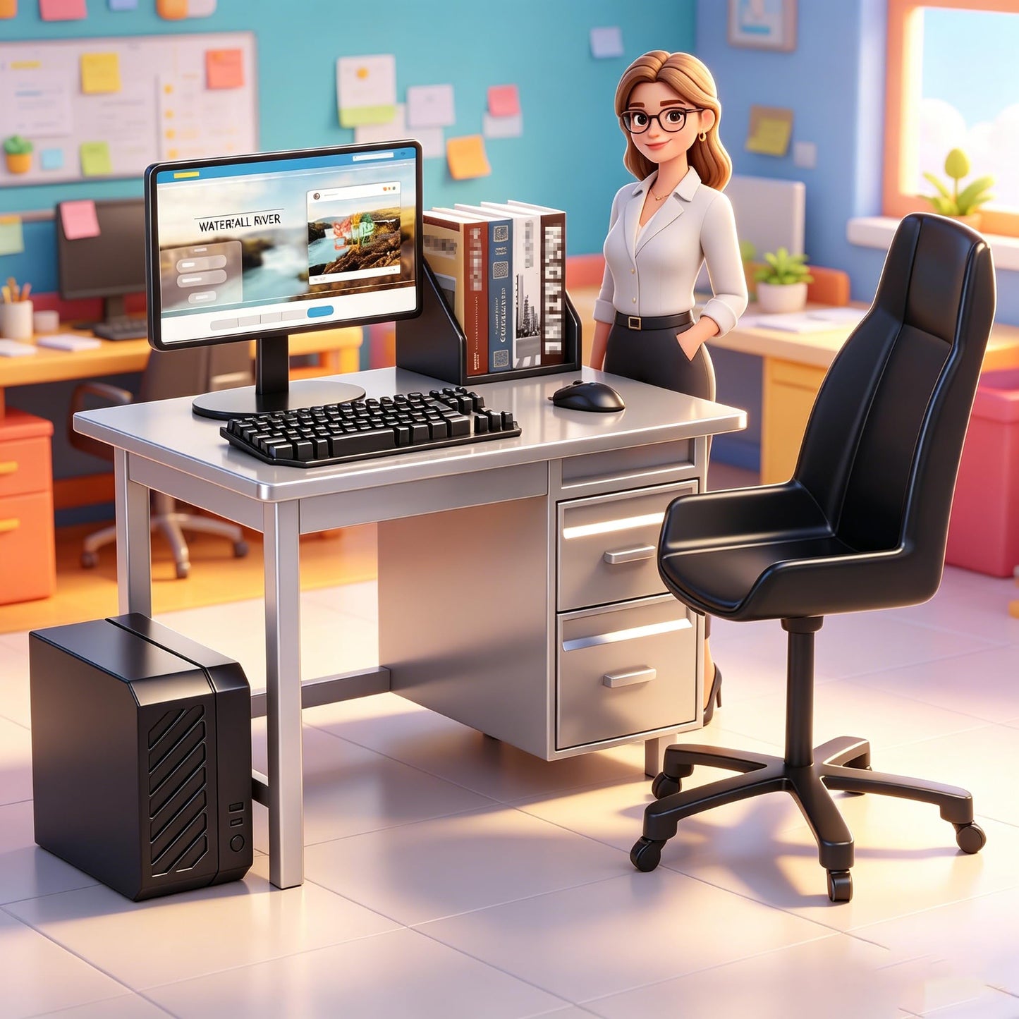 1:12 Scale Miniature Office Furniture Set for Dollhouse, Featuring a Desk, Chair,Flocked Rabbit, Computer, Bookshelves and Accessories, Suitable for Displaying Ideal Gifts