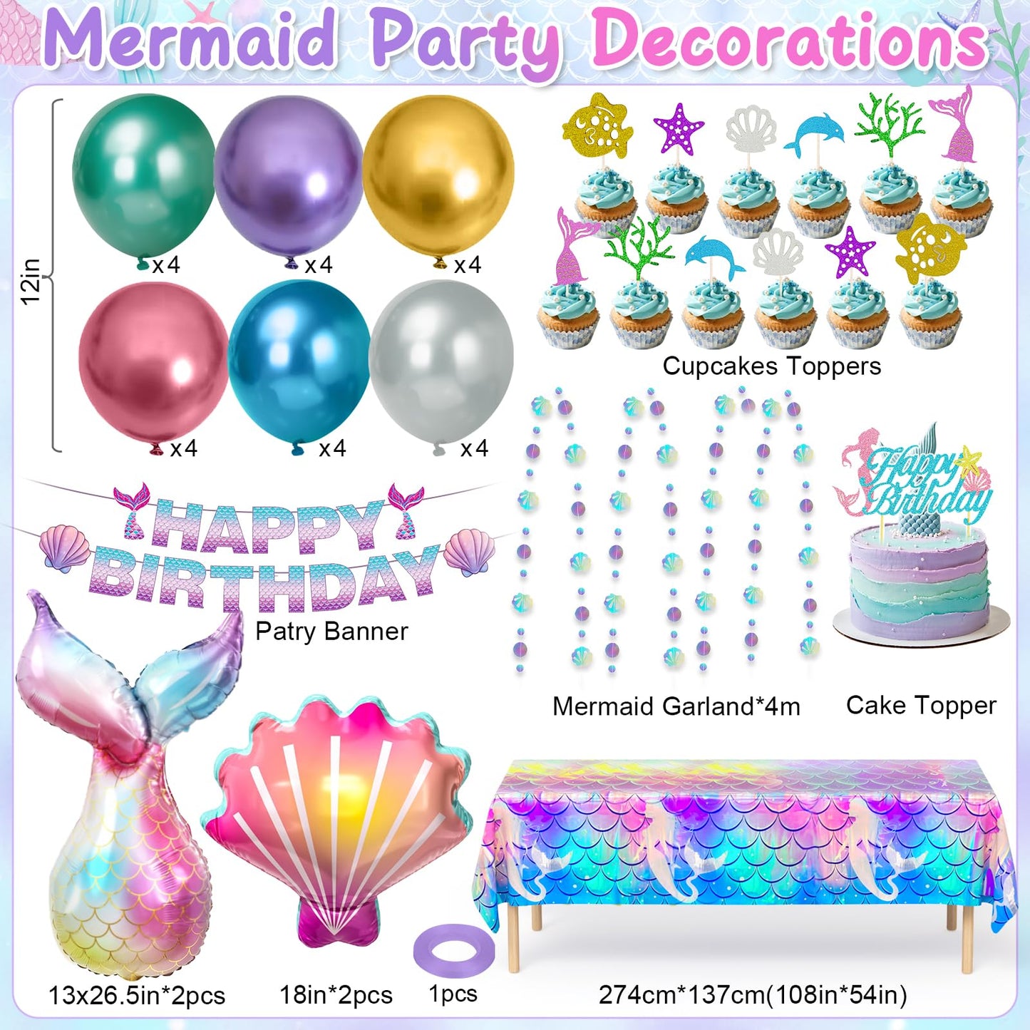 Winrayk Purple Mermaid Party Decorations Birthday Supplies for Girls, Large Foil Balloon with Birthday Banner/ Shell Garland/ Tablecloth/ Metallic Balloon/ Cake Topper, Little Mermaid Party Decoration