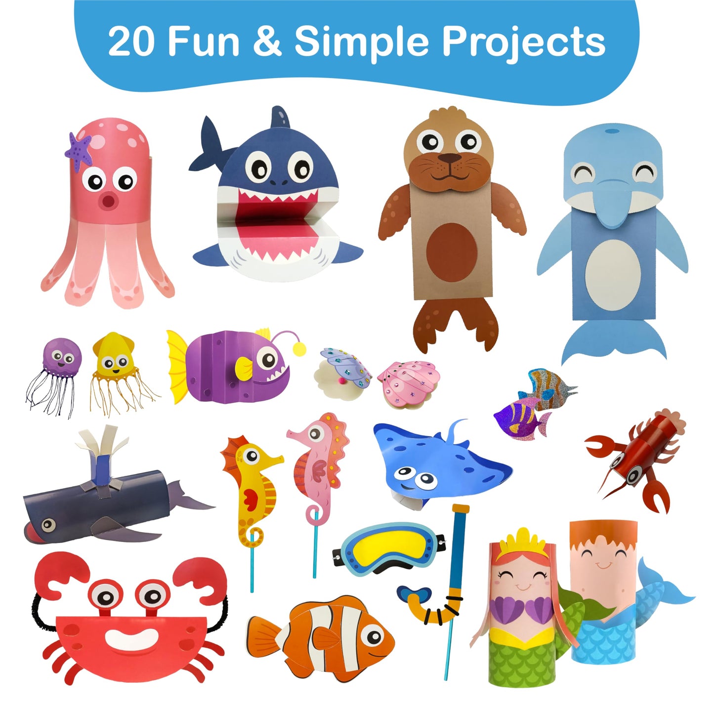 Craftikit® 20 Under the Sea Arts & Crafts Kits for Kids – Mermaid & Sea Animal Paper Crafts for Girls & Boys Ages 4-10 – Preschool Art Supplies & Toddler Craft Set