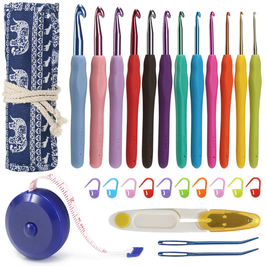 YOJOB Crochet Hooks Set (12 Sizes), Super Smooth 2.0mm-8.0mm Ergonomic Soft Grip Crochet Needle Kit with Accessories and Crochet Case