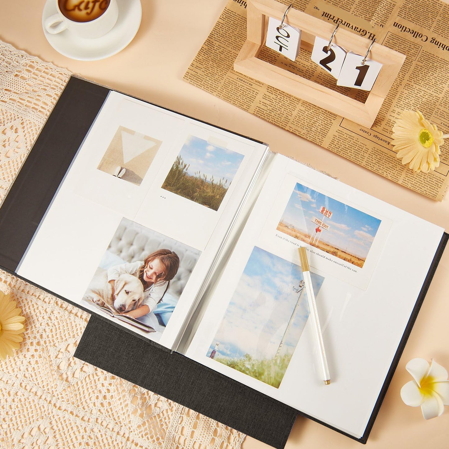Jetec 5 Pcs 11 x 10.6 Inch Large Photo Album Self Adhesive Scrapbook Album 40 Blank Pages DIY Linen Cover Memory Photo Book with Metallic Pen for Pictures Wedding Family Travel (Black)