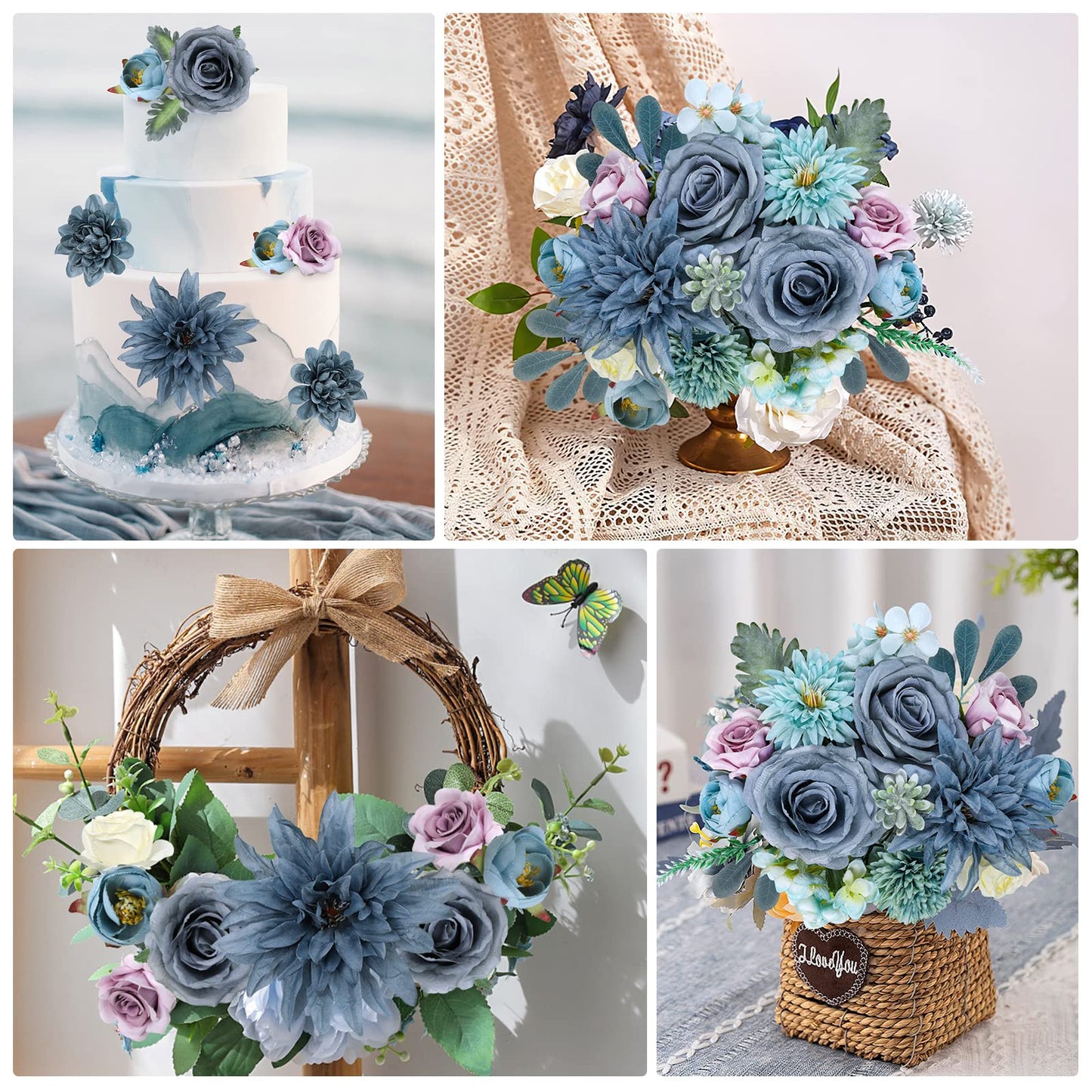 AmyHomie Blue Artificial Flowers Combo Silk Mix Peony Rose Hydrangea Fake Flowers w/Stem for DIY Wedding Bouquets Centerpieces Arrangements Table Decor Party Bridal Baby Shower Home Decorations