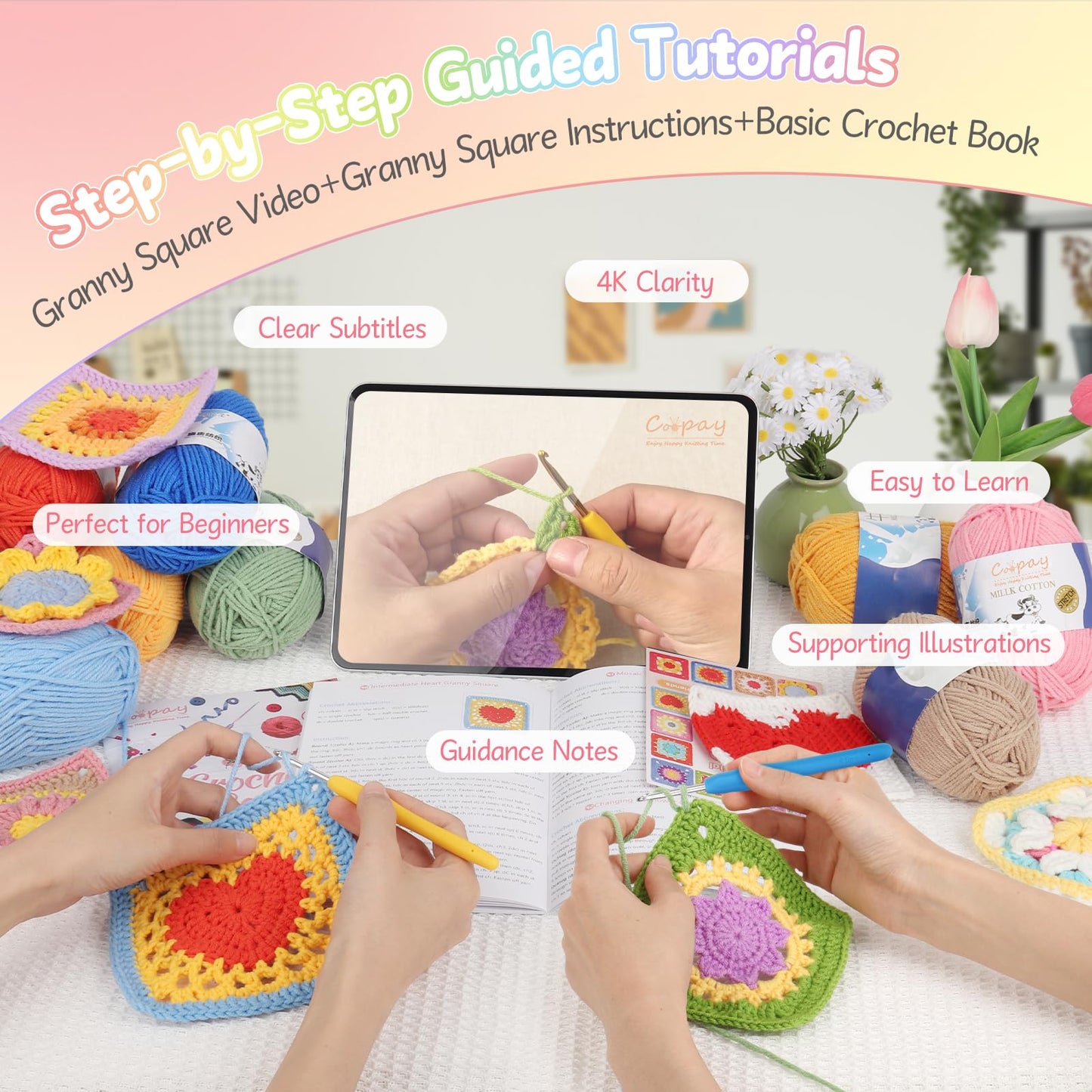 Coopay Crochet Kit for Beginners, Granny Square Crochet Kit with 2 Crochets Book & Video Card, Crochets Starter Kit for Adults Learn to Knitting, Granny Square Card Deck - 50 Mix & Match Designs