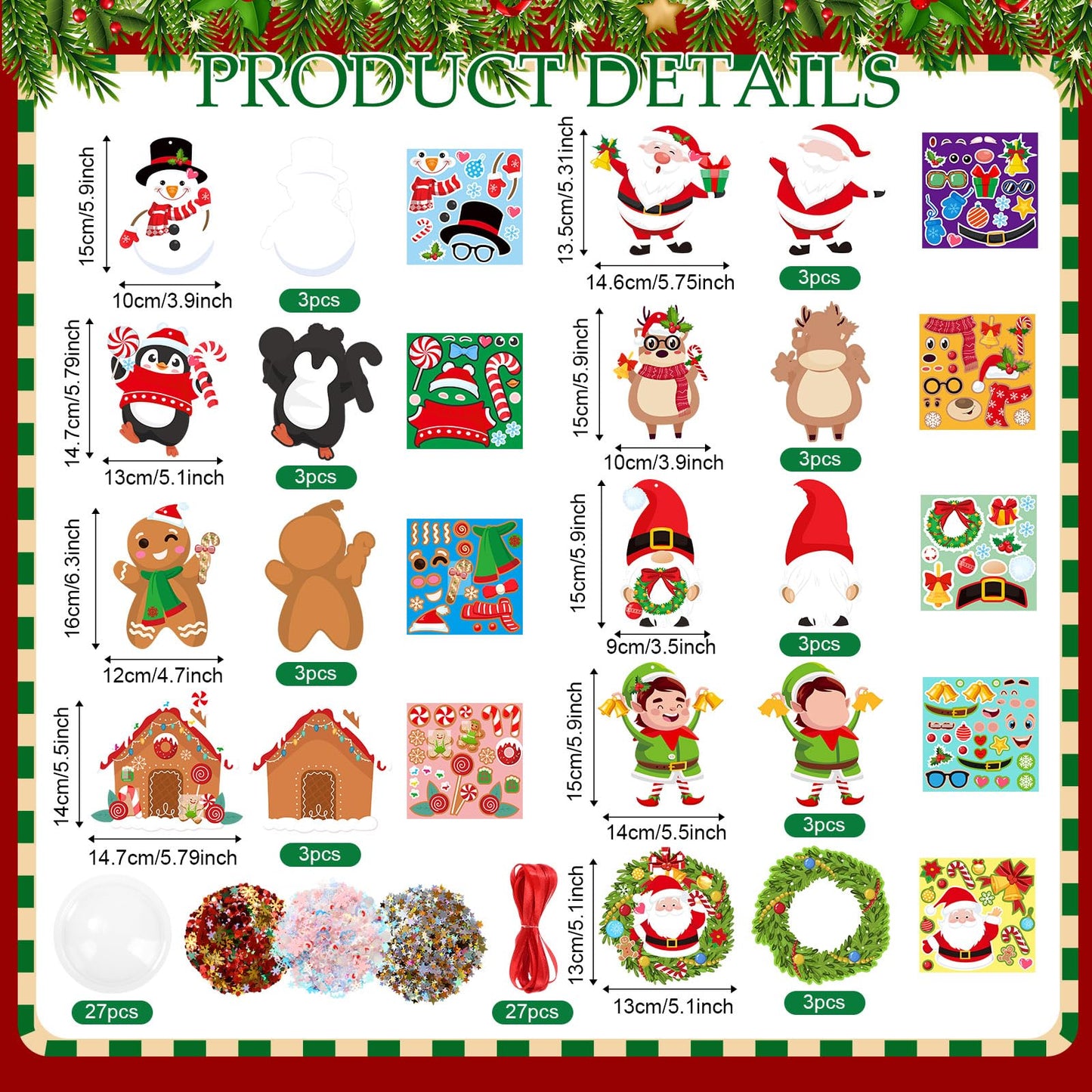 Blosssound 27 Set Christmas Craft Kits - Make Your Own Xmas Ornament Kit With Sticker Glitter Santa Snowman Elk Gnome - Party Decorations Home Holiday Handcraft Activities