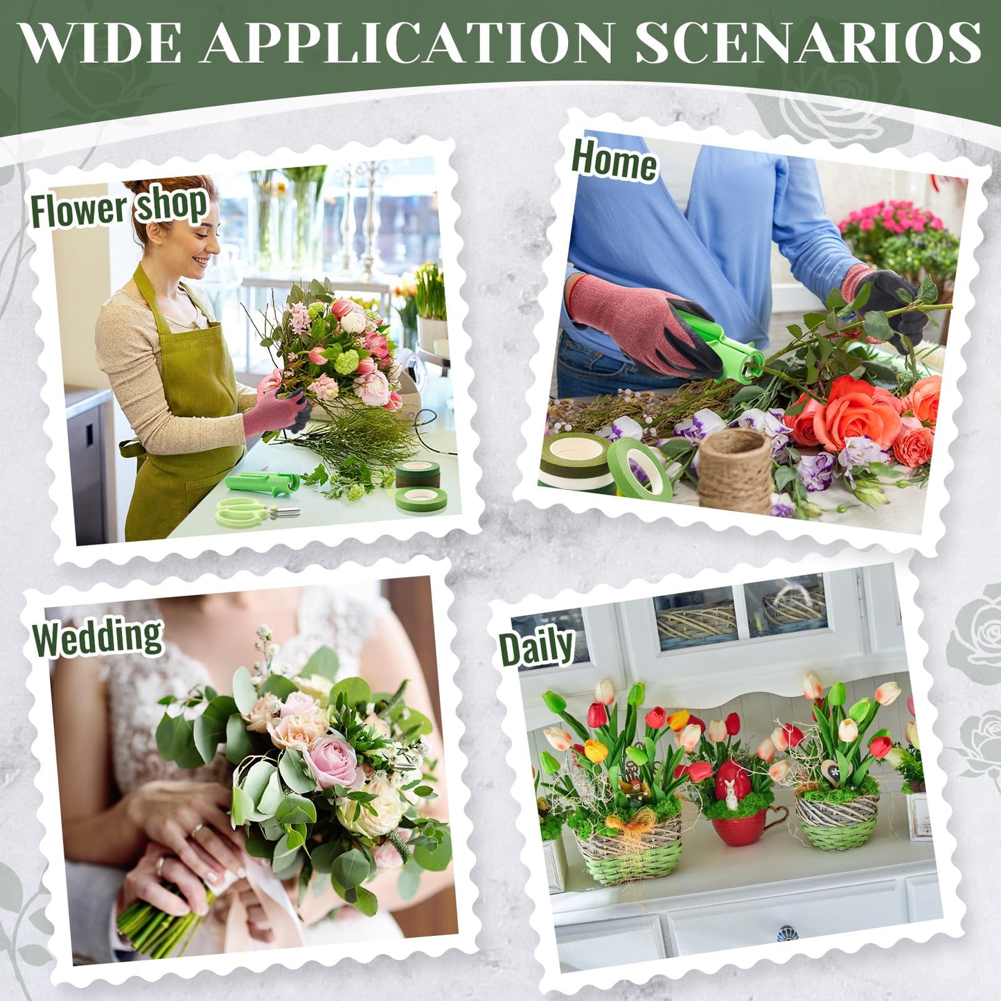 9 Pcs Rose Thorn Remover Set Include 1 Flower Thorn Stripper Tool 5 Floral Tape 1 Flower Scissor 1 Curve Gardening Scissors 1 Pair Gardening Gloves for Valentine Women Mother Gift (Green)