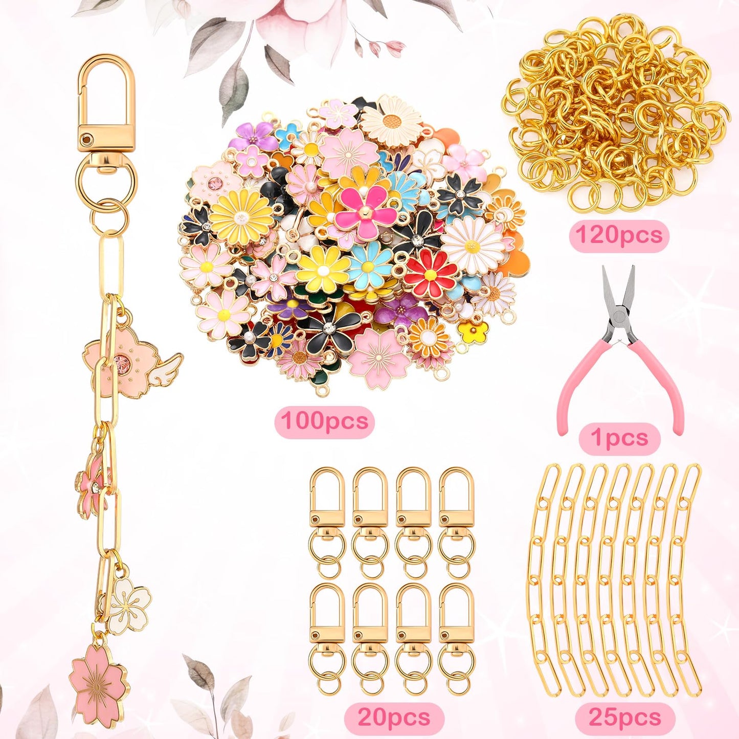 Tondiamo 266 Pieces Flower DIY Gold Keychain Making Kit Floral Daisy Bag Charm Jewelry Making Sunflower Ornaments Bulk for Key Ring Art Adults Women Bag Gift