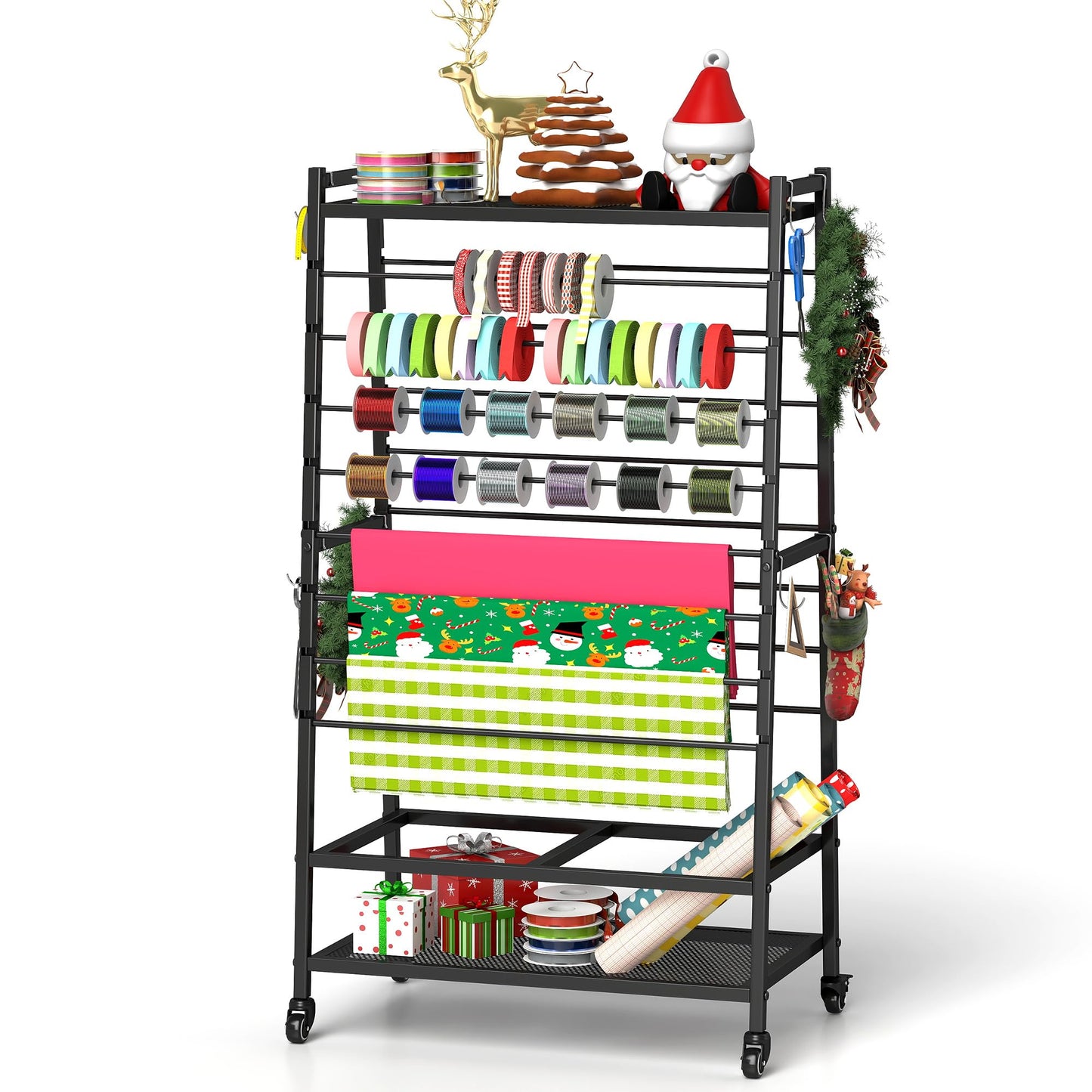 yeshine Ribbon Organizer for Craft Room, Rolling Ribbon Holder, Double-Sided Ribbon Holder Organizer Rack, Metal Craft Christmas Gift Wrapping Paper Holder, Large Capacity Ribbon Storage Rack