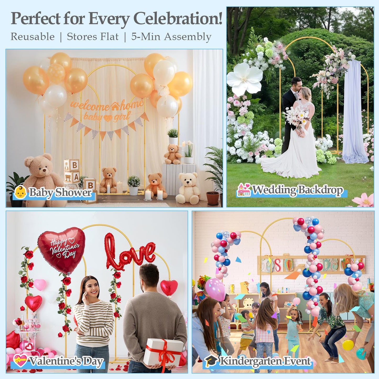 DEVISEFUN Balloon Arch Stand, 6FT,5FT,4FT Set of 3 Metal Gold Wedding Backdrop Arch Stand Kit with Base for Wedding Baby Shower Birthday Party Event Background Decoration Garden Floral Decor