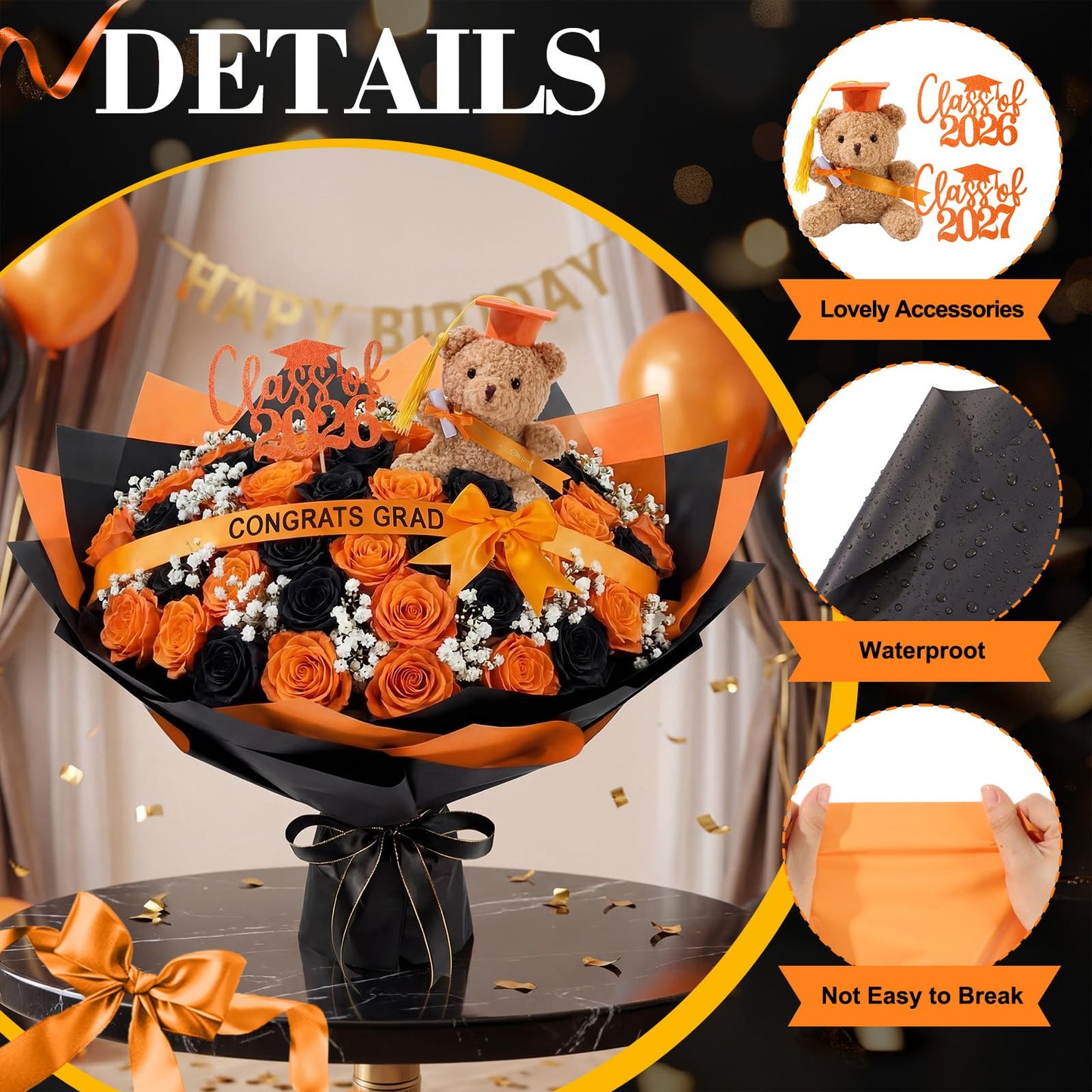 Seenelling 80 Pcs Graduation Money Flower Bouquet Wrapping Accessories Kit, 20 Flower Wrapping Paper 50 Sticks 2 Card Inserts 1 Bear 3 Ribbons DIY Crafts Gifts for Graduation Birthday(Orange)
