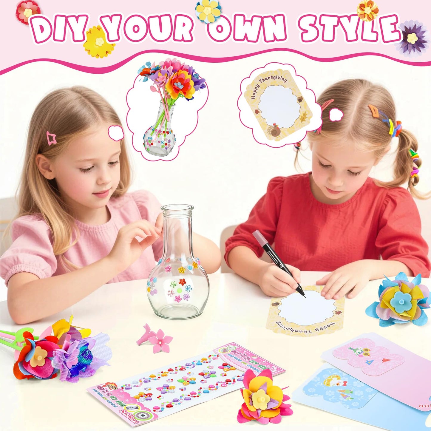 Flowers Craft Kit for Girls Ages 3-12, DIY Flower Bouquet Maker Machine with 120 Fabric Petals, 14 Greeting Cards, Gift Wrap, Vase & Storage Bag, Creative Floral Arts and Crafts Toy for Kids