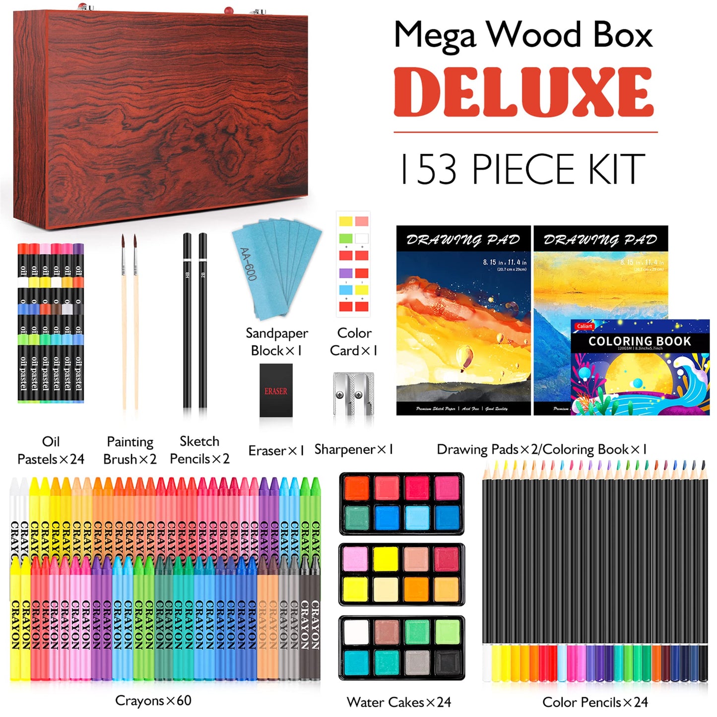 Caliart Art Supplies, 153-Pack Deluxe Art Set in Wooden Case, Crafts Drawing Painting Kits with 2 A4 Sketch Pads, Coloring Book, Birthday Gifts for Teens Girls Boys Kids Adults Artists