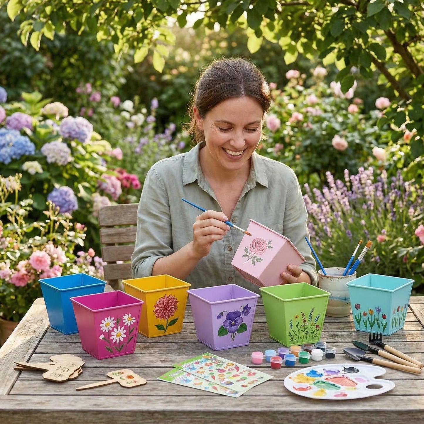 Ferrochef 6 Sets Flower Pot Painting Kit DIY 6 Colorful Metal Iron Plant Pots Acrylic Paint Stickers Brushes Plant Labels Gardening Tool Kit for Planting Crafts Mother's Day Graduation Creative Gift