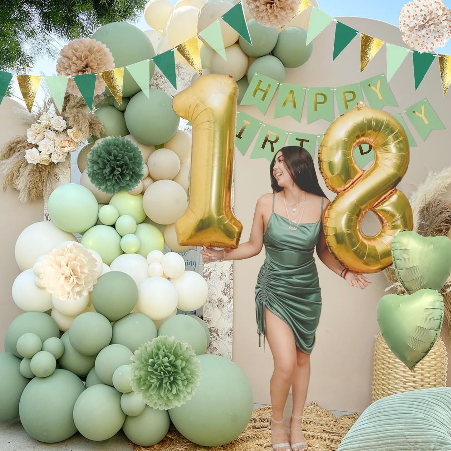 Sage Green Birthday Decorations, Birthday Party Décor, Gold Green Balloons Olive Happy Birthday Banner Fringe Curtain Background, Neutral Decorations for Women Men