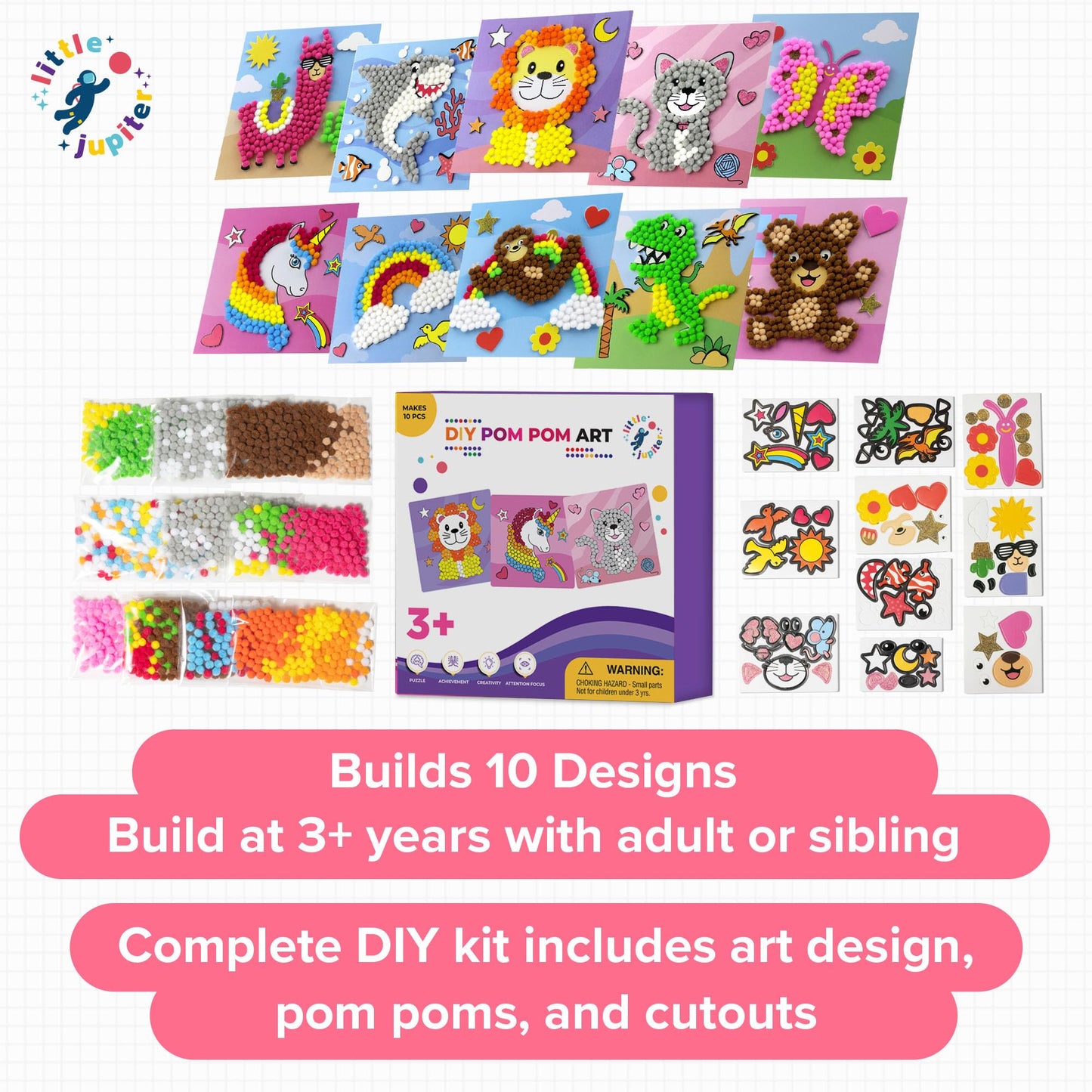 Little Jupiter DIY Pom Pom Art - Makes 10 Art Pieces -Boy & Girl Crafts for Kids Age 3-5 - for Toddlers and Small Kids - Craft Activities - Arts and Crafts (Set3)