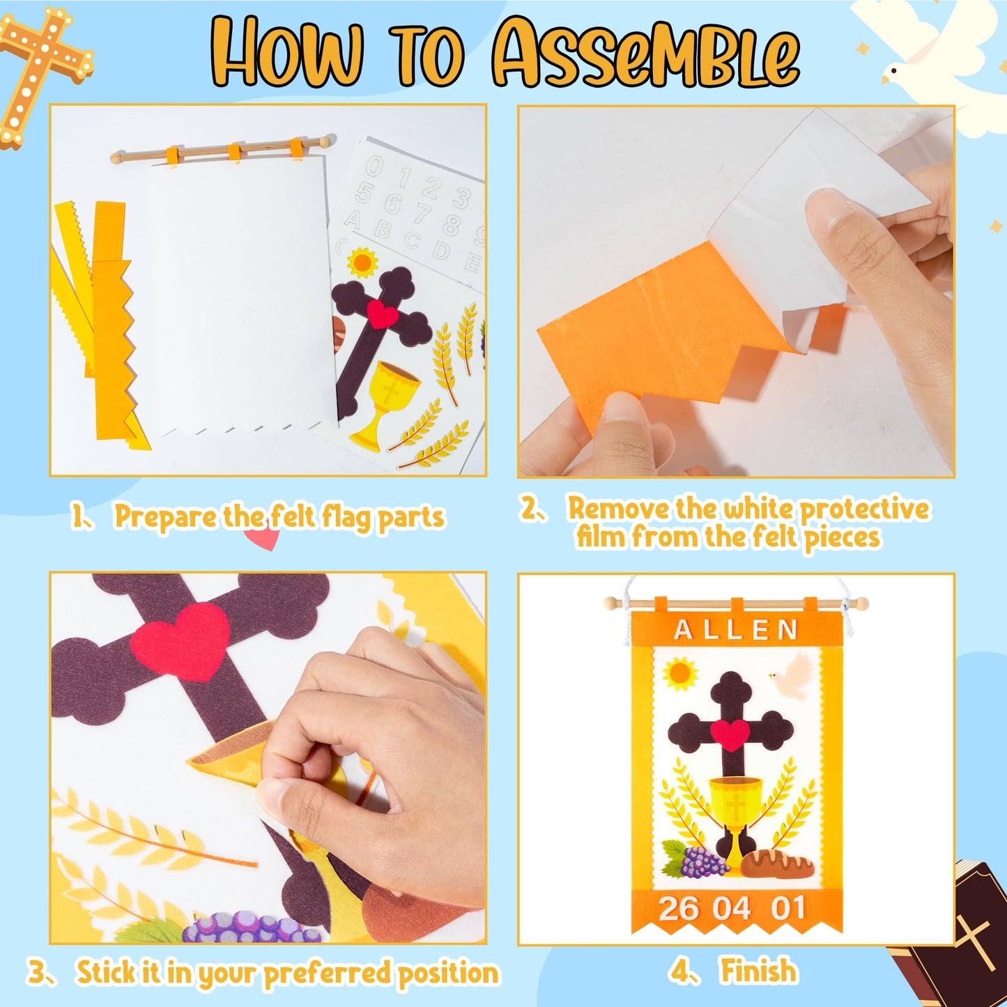 WATINC First Communion Banner Kit - 2 Pack DIY 1st Holy Communion Felt Banner Craft Decoration for Boys, Make Your Own Blue Baptism Christian Cross Hanging Decor for Sunday School (Baptism Ceremony)