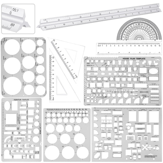 Zonon 10 Pcs Plastic Drawing Template Ruler Geometric Drawing 12 Inch Triangular Aluminum Architect Scale Measuring Templates Building Geometric Kit Plastic Ruler for Drafting (Classic,Clear)