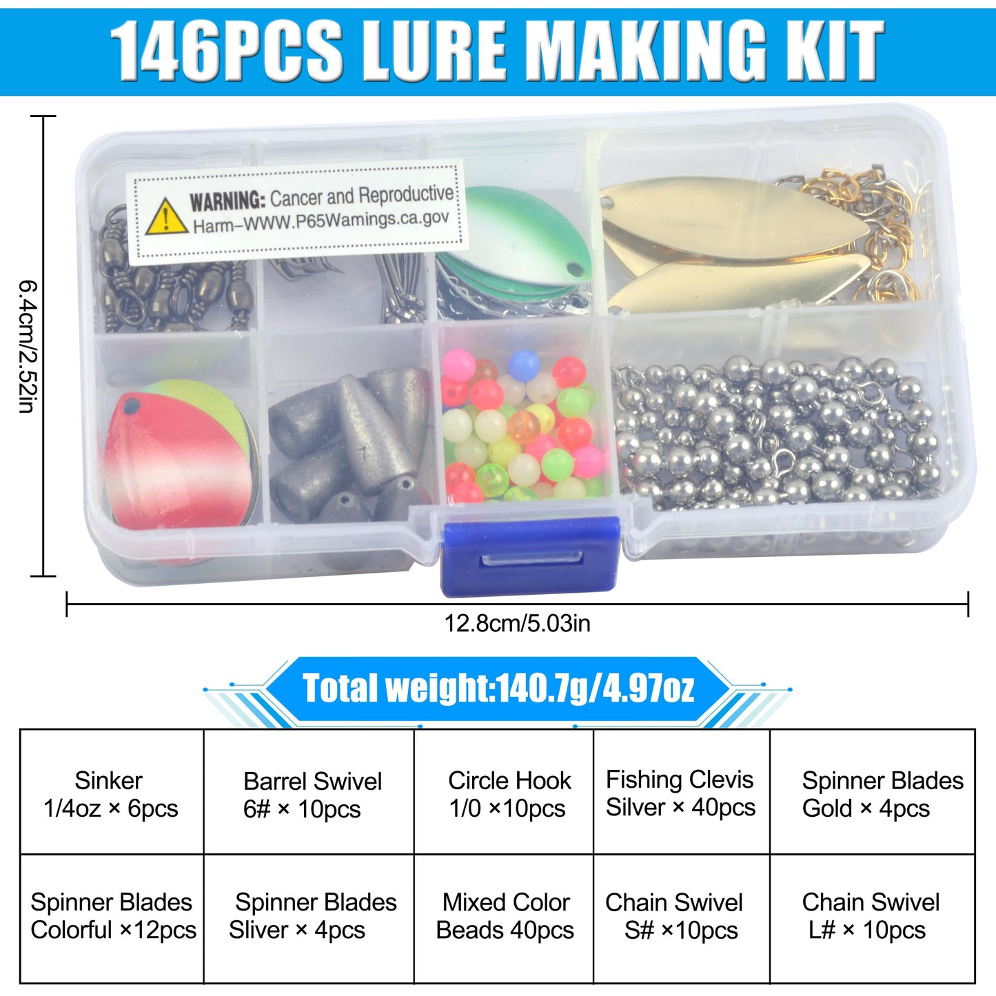 Walleye Rigs Fishing Lure Making Kit, 146pcs DIY Spinner Making Supplies Parts Colorado Blades Clevises Beads Hooks Swivels High Speed Trolling Drilling Rig Fishing Tackle