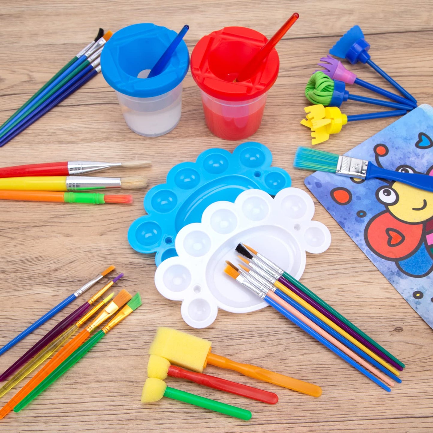 BigOtters Painting Brushes, 45PCS Kids All Purpose Paint Supplies Include Paint Cups with Lids Palette Tray Multi Sizes Brush for Children Gifts School Prizes Art Party