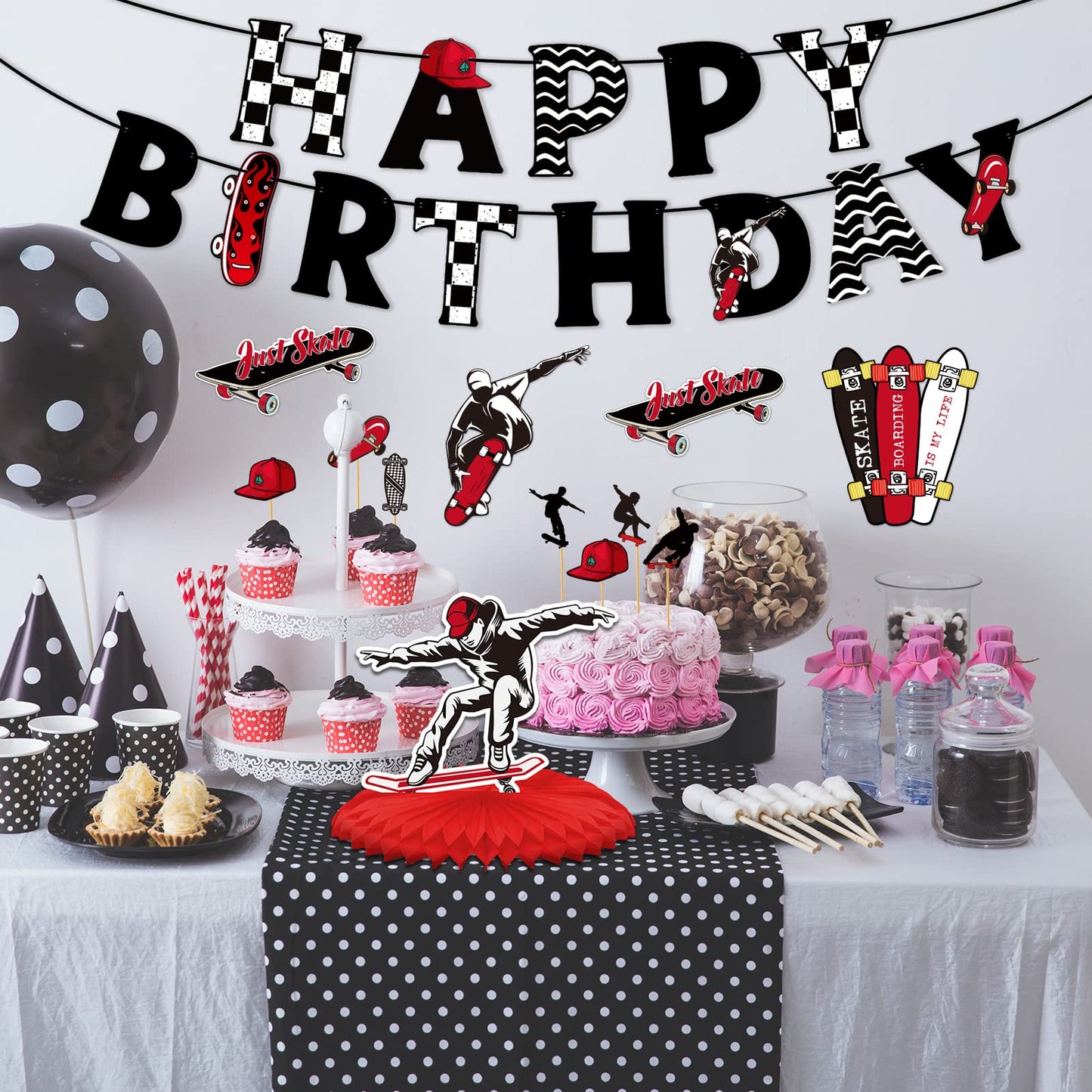 Outus 34 Pcs Skateboard Birthday Party Decorations Skater Party Supplies Skateboard Birthday Decorations Kit Banner Table Centerpieces Cupcake Topper Extreme Skateboarding Cool Decor for Skater Gifts