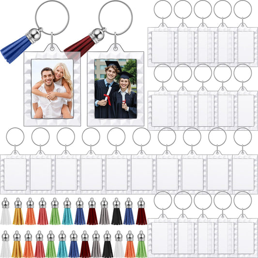 Yaomiao 25 Set Acrylic Photo Keychain with Tassel Clear Blank Custom Keychain Frame Holder Insert Picture Keyring Making Kit (Wavy Rectangle)